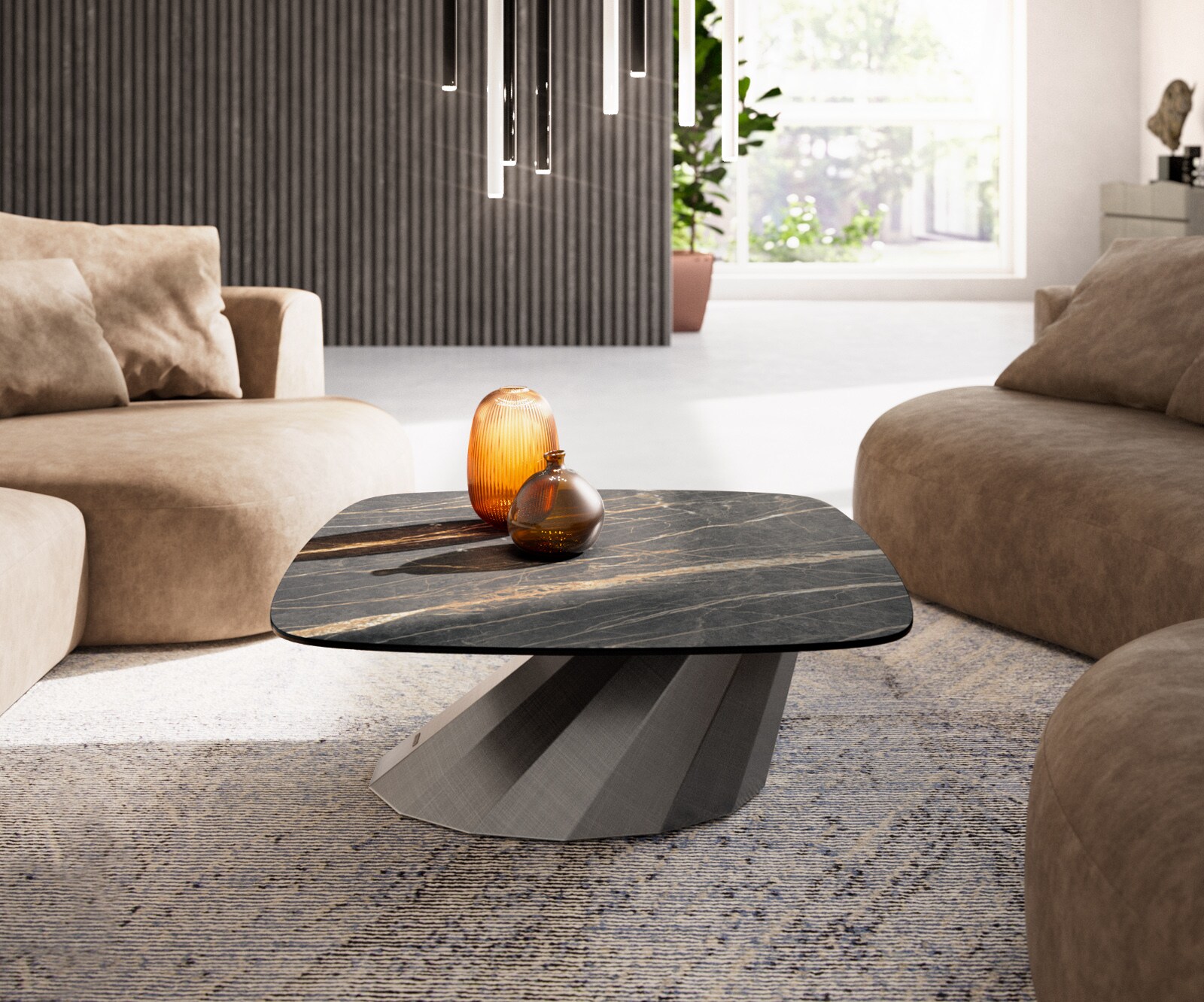 Salontafel Edge Boot 90x90 cm keramiek Laminam® Noir Desir bruin Parabi metallic zilver 2