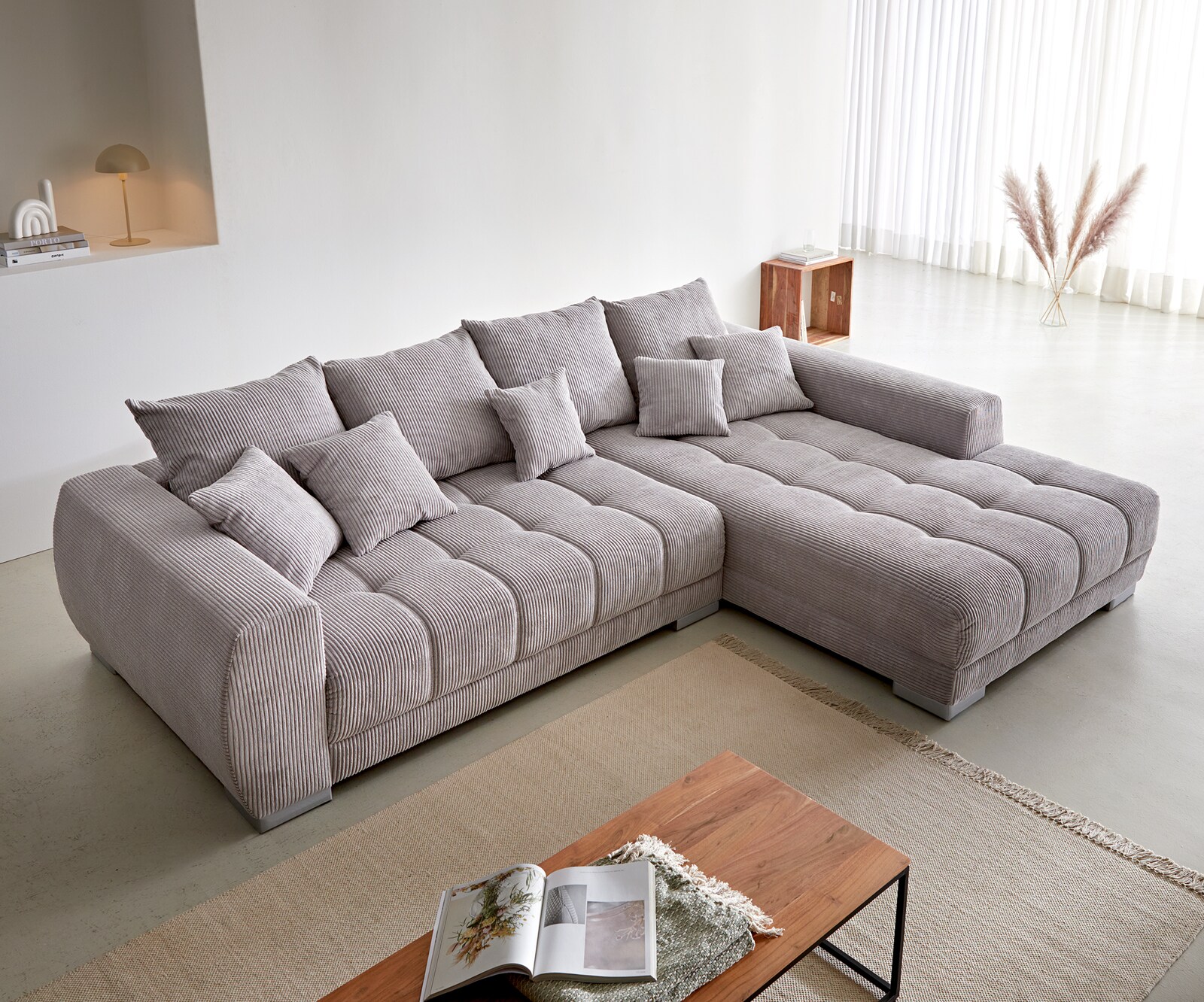 Hoekbank Josea 300x220 cm Cord zilvergrijs ottomaan rechts 4