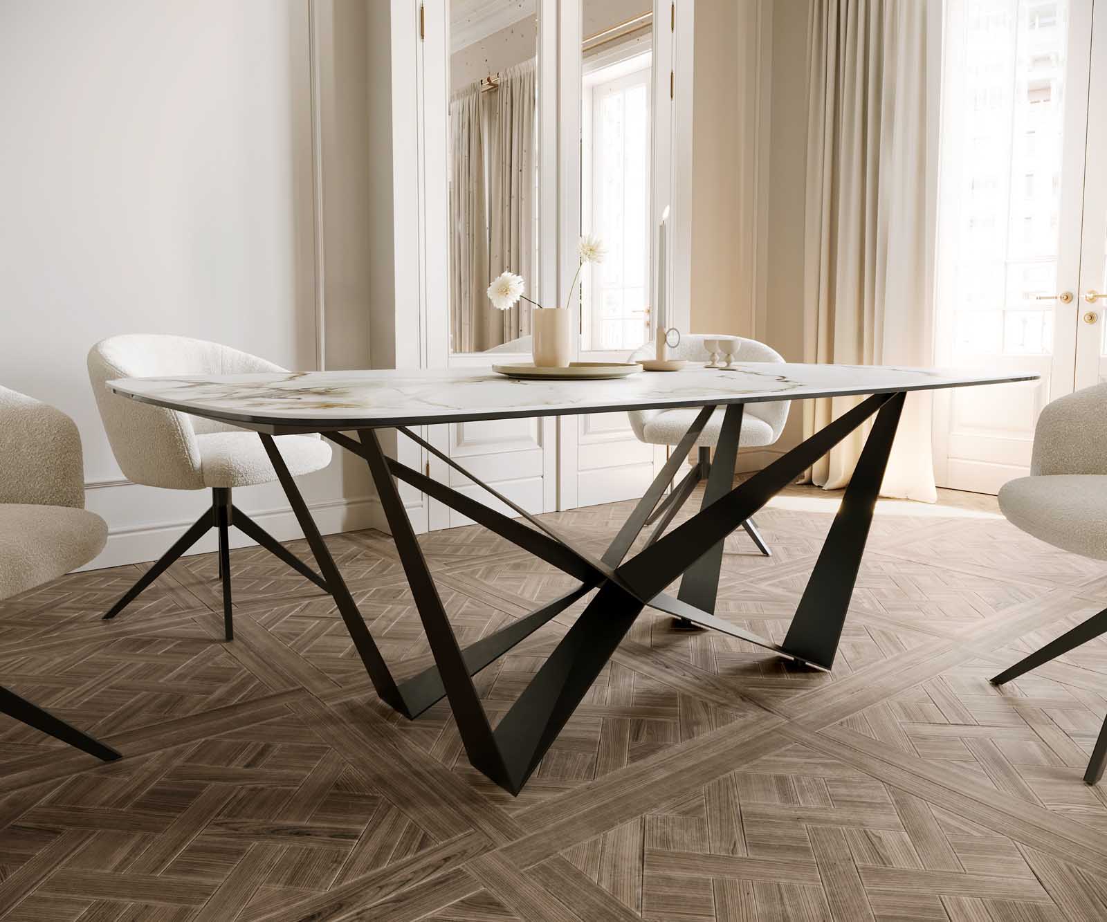 Eetkamertafel Edge Boot 200x100 keramiek Calacatta Luxe wit-goud-grijs spider vlak staal zwart 5