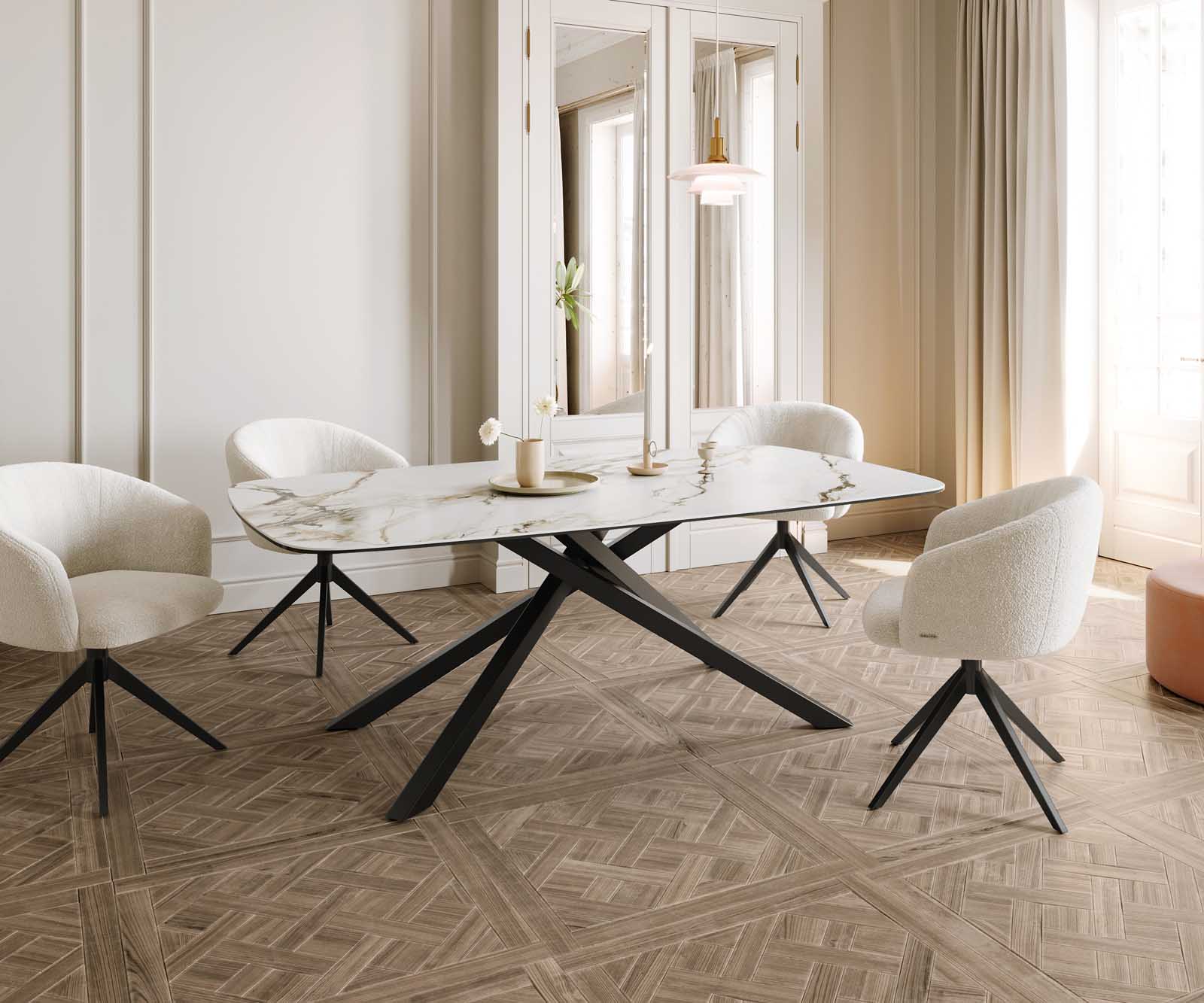 Eetkamertafel Edge Boot 200x100 keramiek Calacatta Luxe wit-goud-grijs kruisframe rechthoek zwart 6