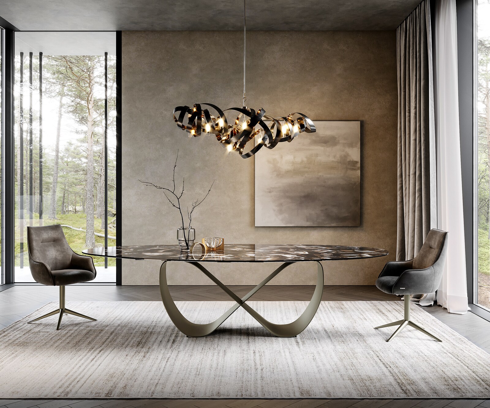 Eetkamertafel Edge Oval 280x130 cm Keramiek Iris FMG Agatablack Infinity Metaal Effectafwerking Titan