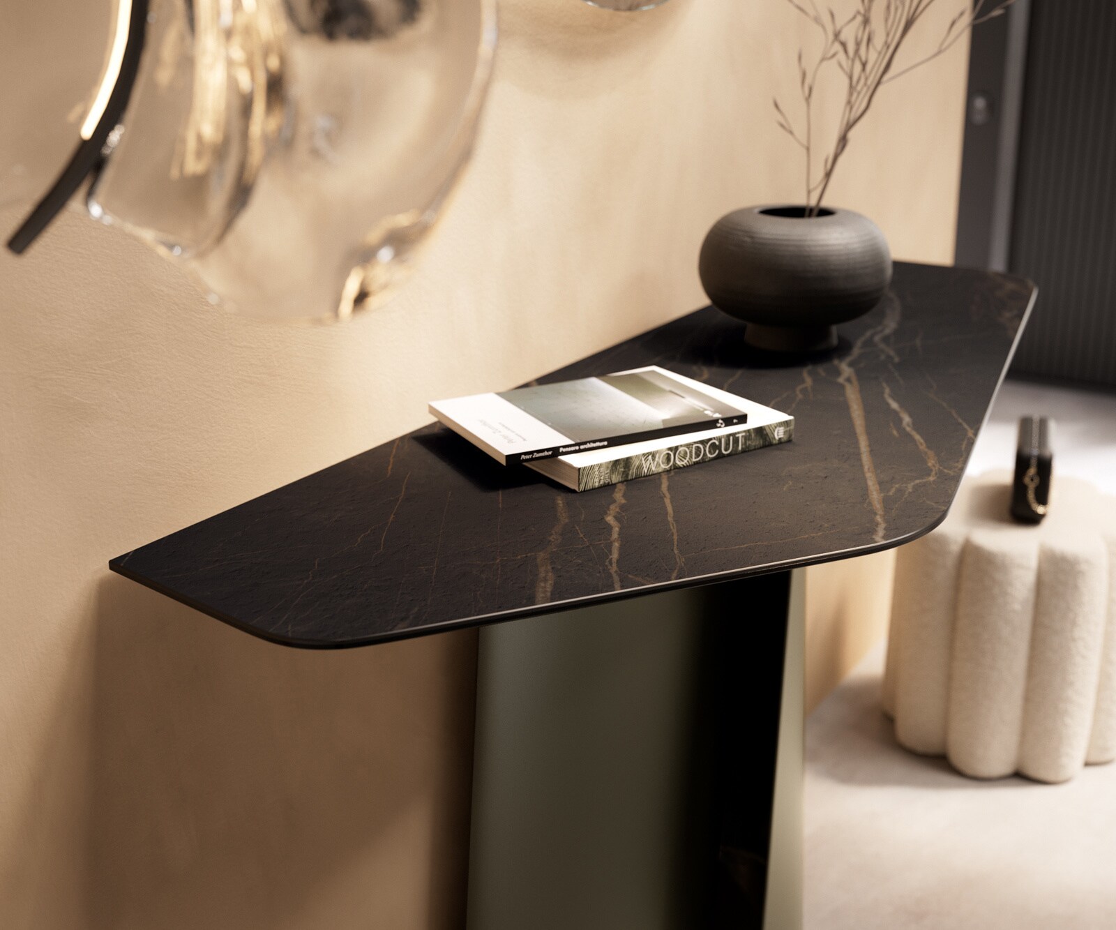 Consoletafel Edge Polygonaal 140x50 cm Keramiek Laminam® Noir Desir Braun Livos Metaal Effektfinish Titan 6