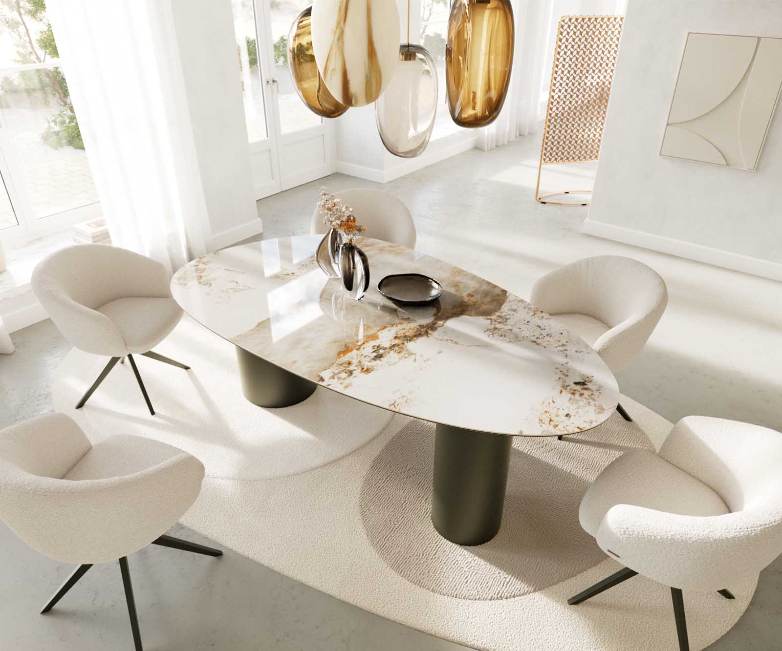 Eettafel Edge ovaal 220x120 keramiek Minas Melange wit-beige Troa metaal effect afwerking titanium