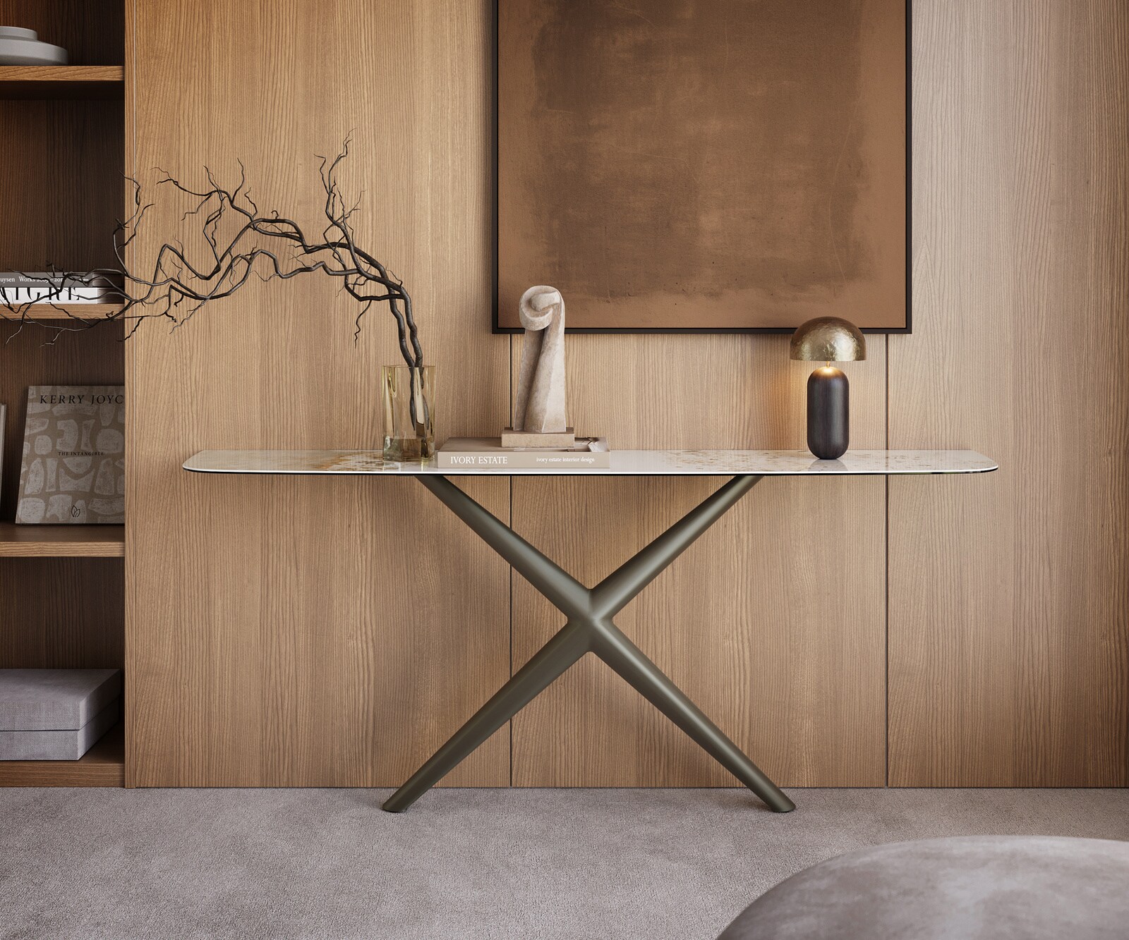 Consoletafel Edge Bootvorm 180x40 cm Keramiek Minas Melange Weiß-Beige Estelo Metaal Effektfinish Titan 1