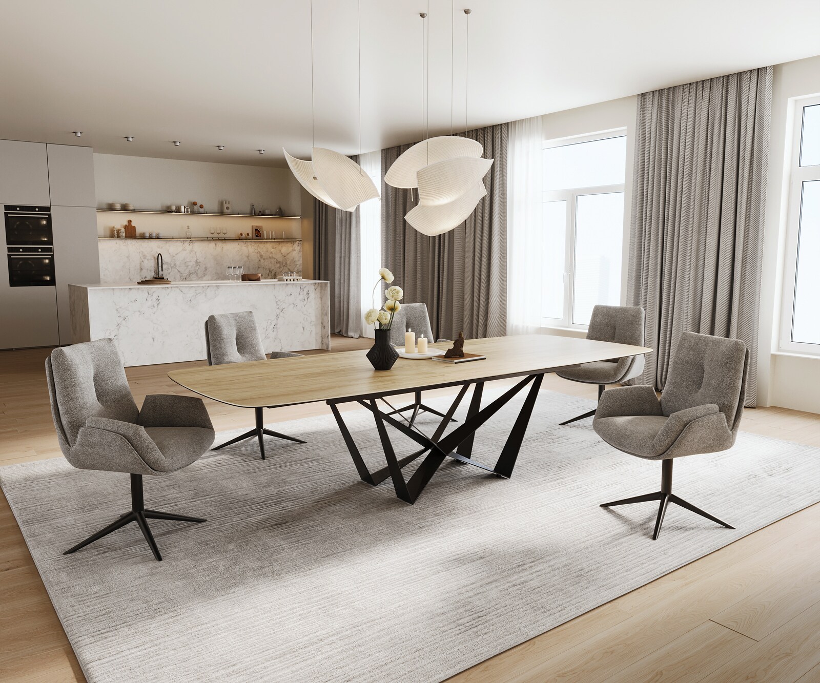 Eettafel Edge Boot 240-300x120 cm Keramiek Laminam® Sabbia Eichefarbig Spider Flachstahl Zwart uitschuifbaar 7