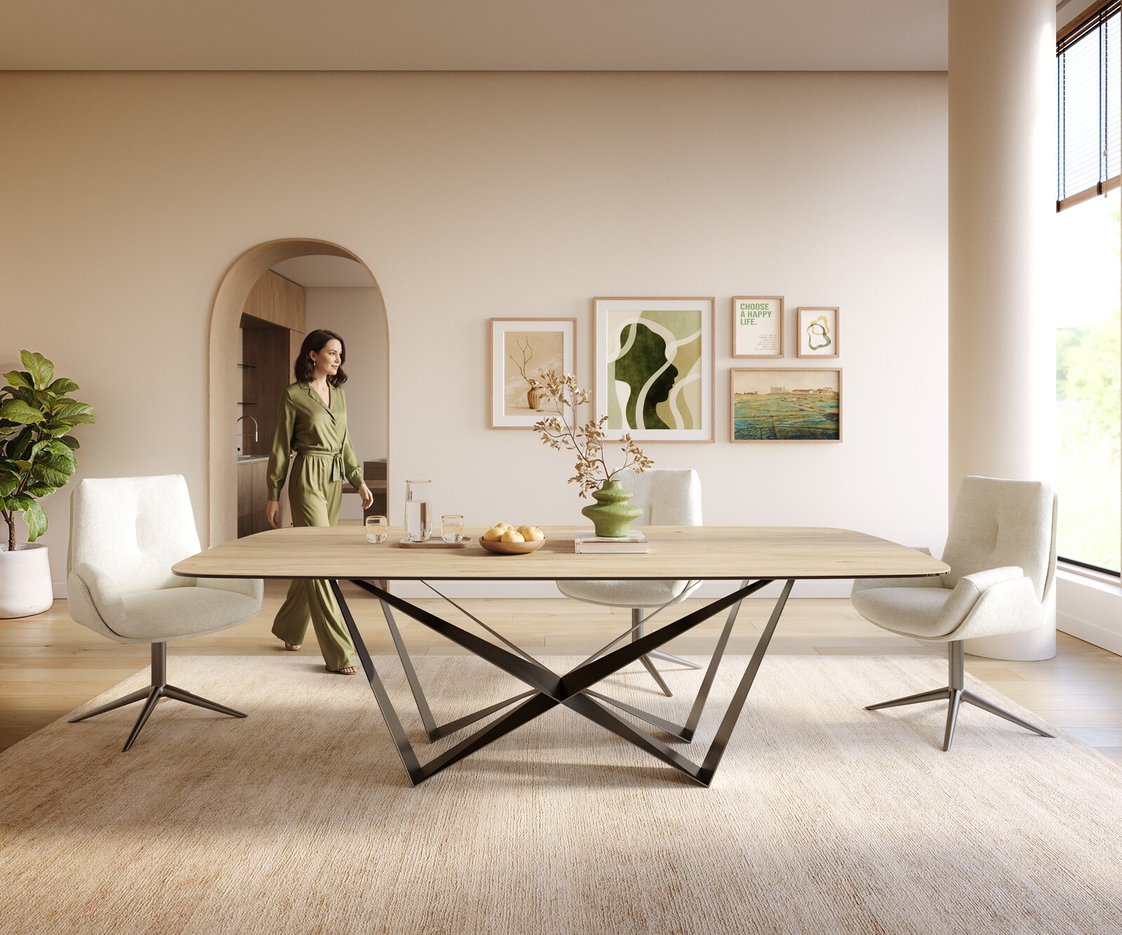 Eettafel Edge Boot 240x120 cm Keramiek Laminam® Sabbia Eichefarbig Spider Flachstahl Roestvrij staal Grafiet