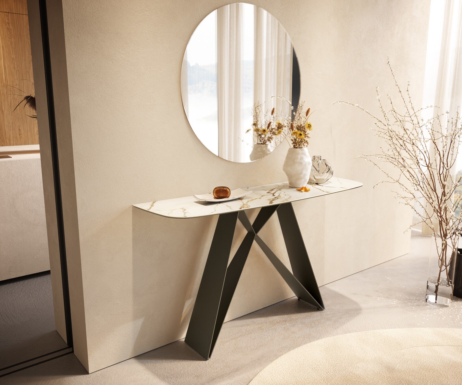 Consoletafel Edge Bootvorm 140x40 cm Keramiek Calacatta Luxe Weiß-Gold-Grijs Velio Metaal Effektfinish Titan 1