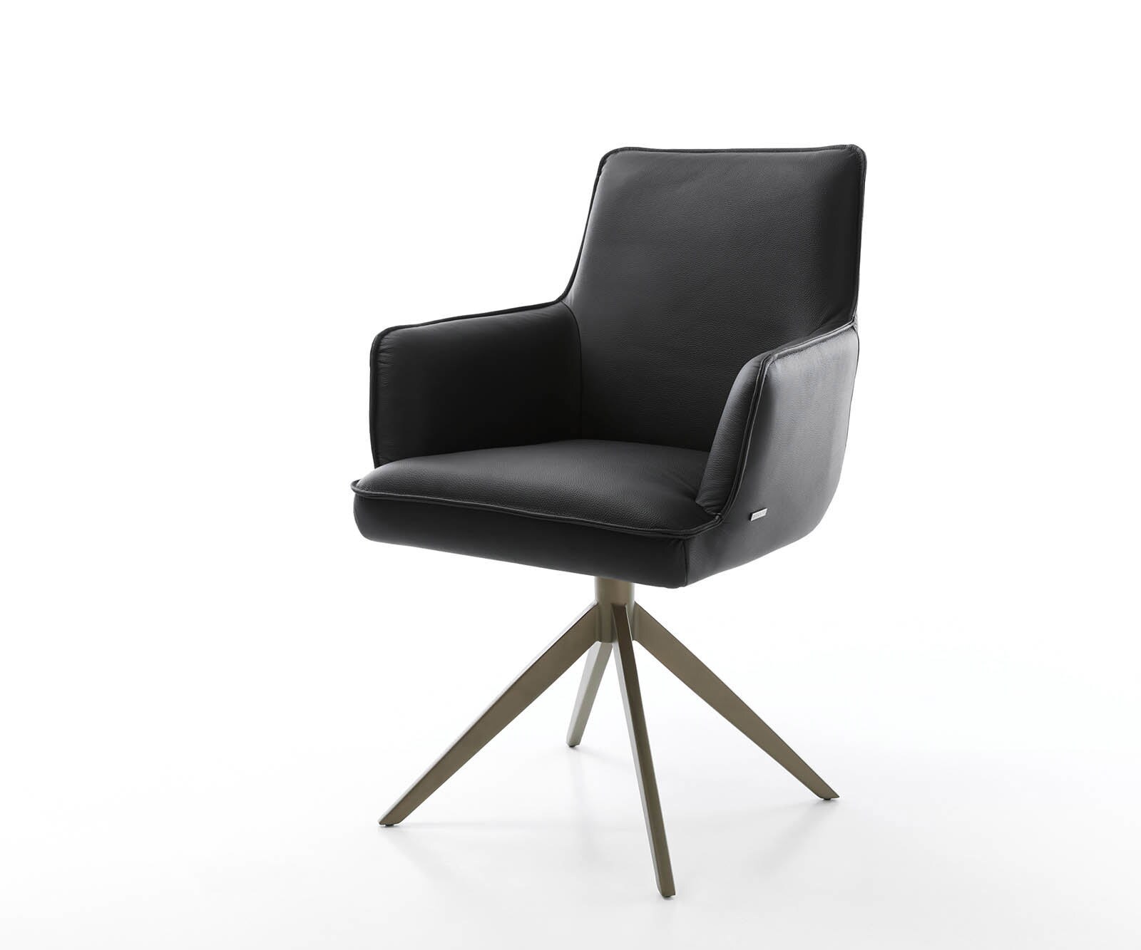Draaistoel Heira-Flex met armleuning echt leer zwart kruisframe breed afwerking met titanium 360° draaibaar pocketveer kern