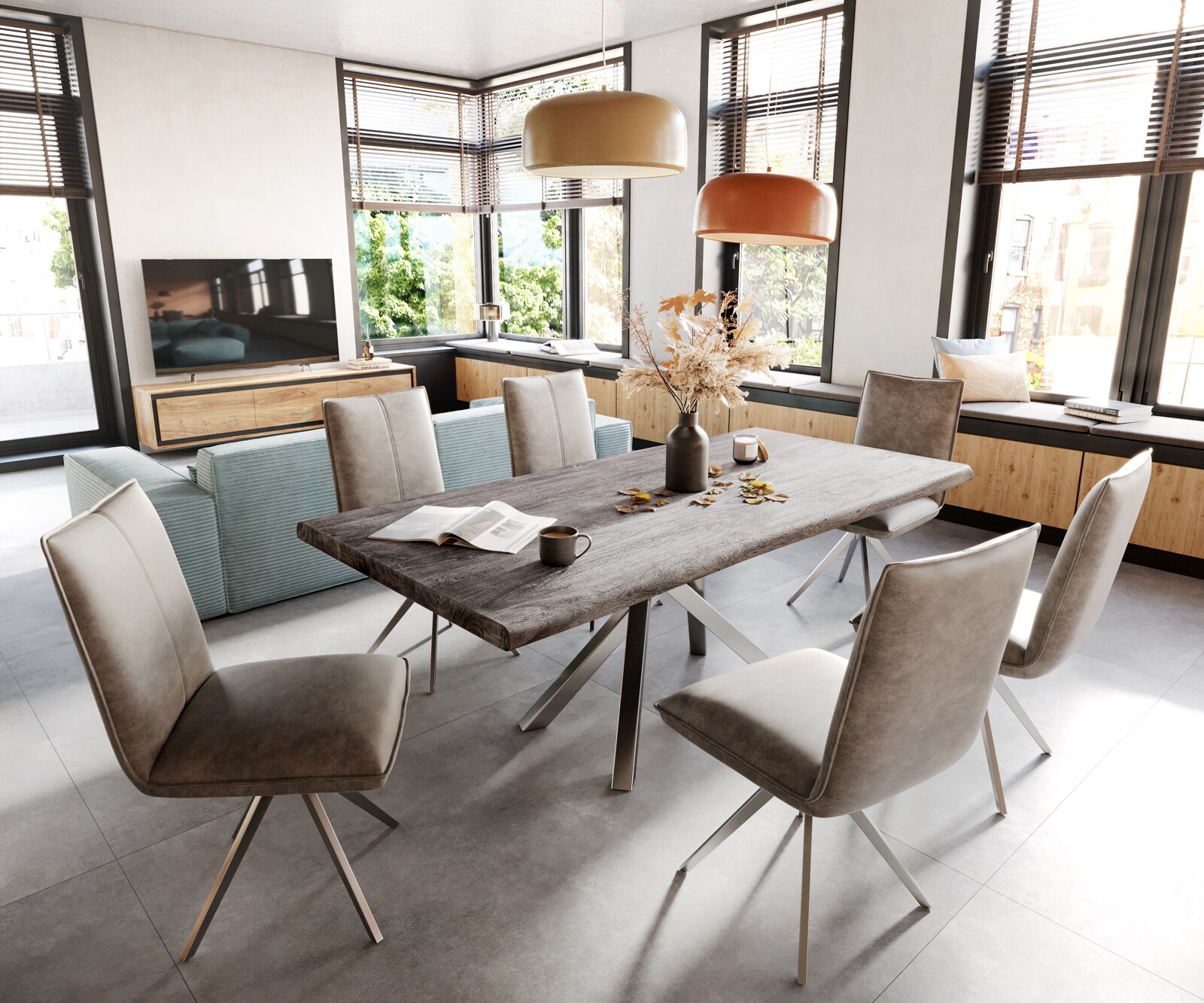 Eetkamerstoel Lelio-Flex microvelours taupe vintage kruisframe breed roestvrij staal pocketveer kern 3