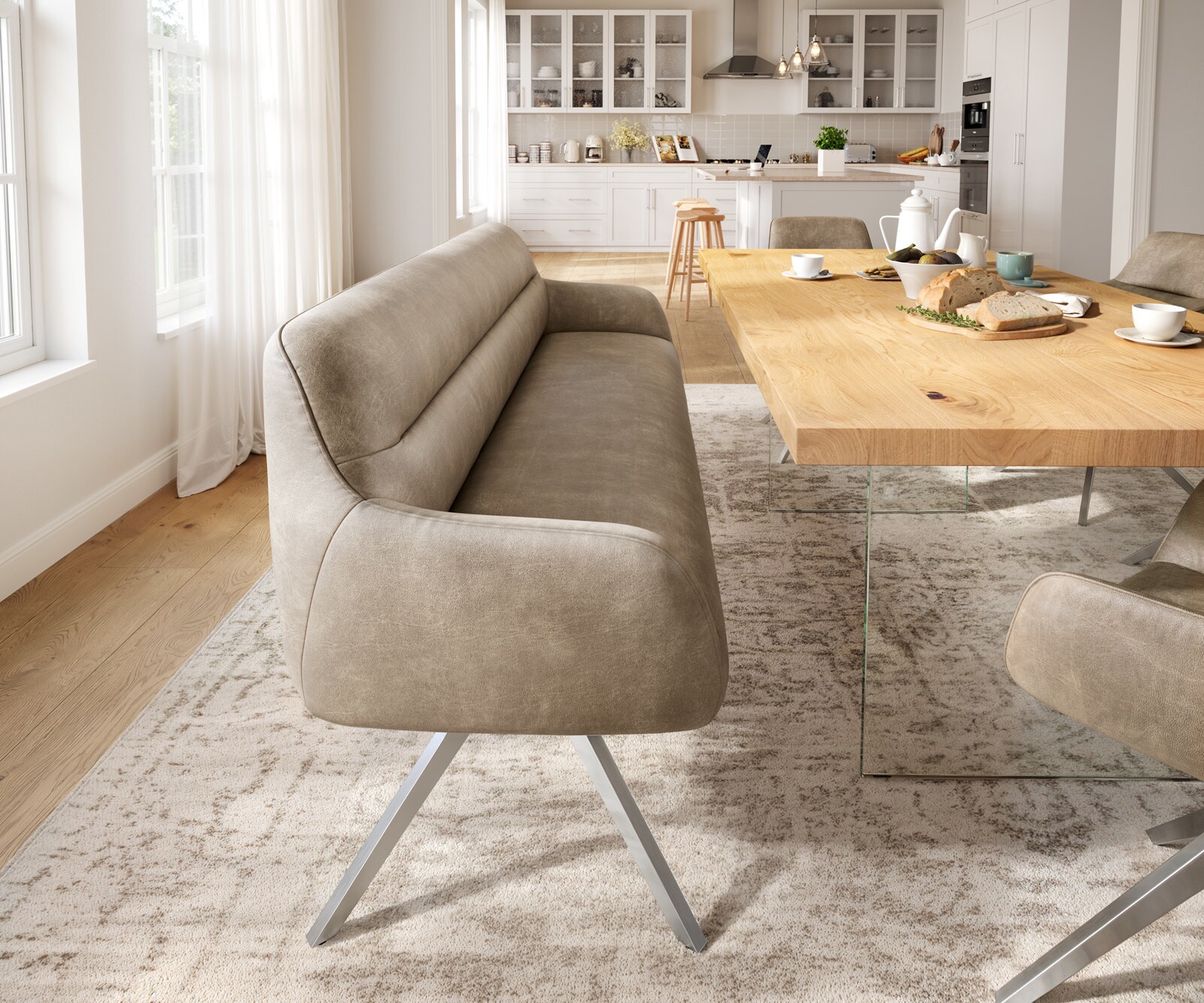 Eetkamerbank Taya-Flex 200 cm microvelours beige vintage hoekig kruisframe roestvrij staal pocketvering 1