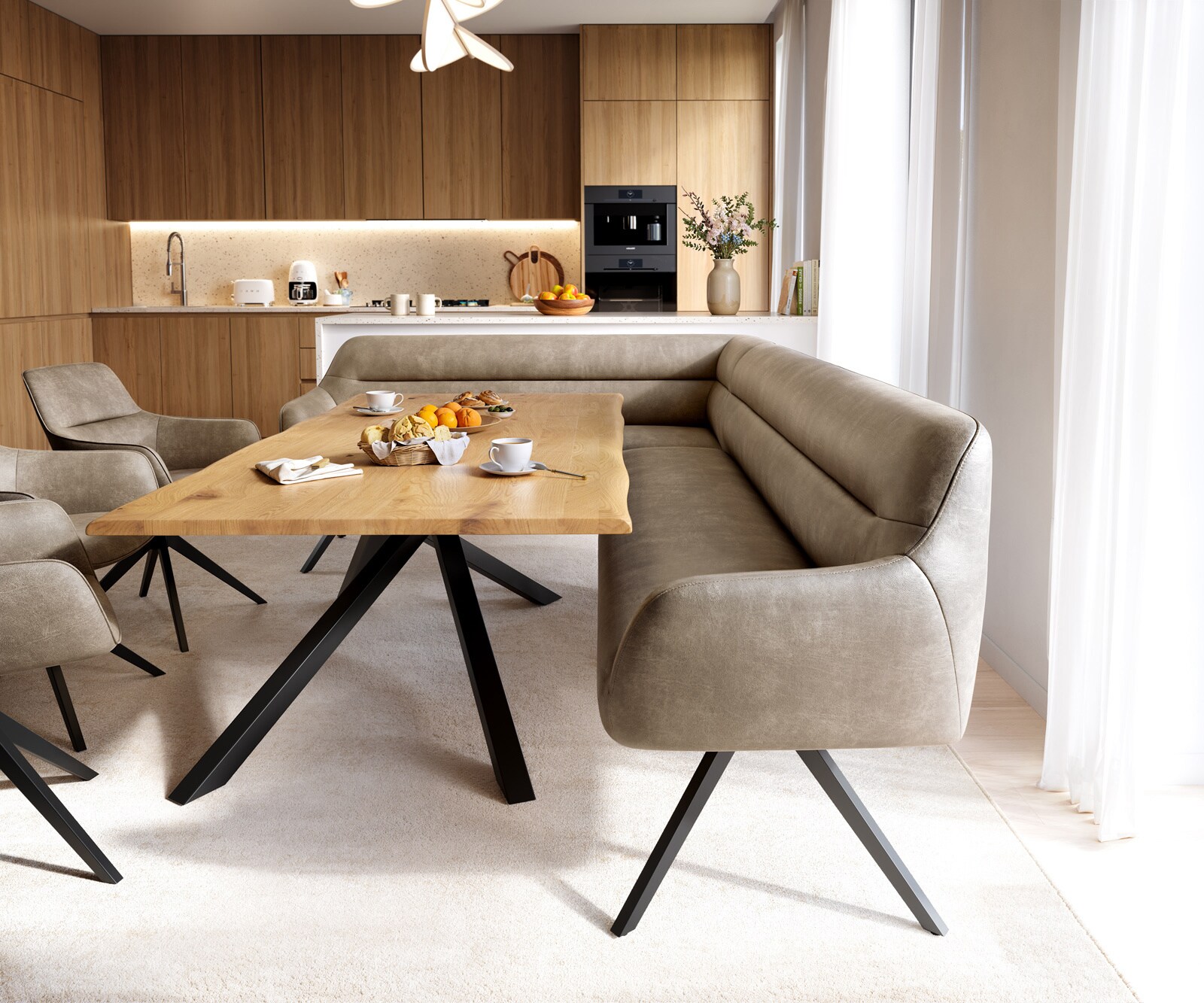 Eetkamerbank Taya-Flex 285x190 cm microvelours beige vintage hoekig kruisframe zwart pocketvering rechts 2