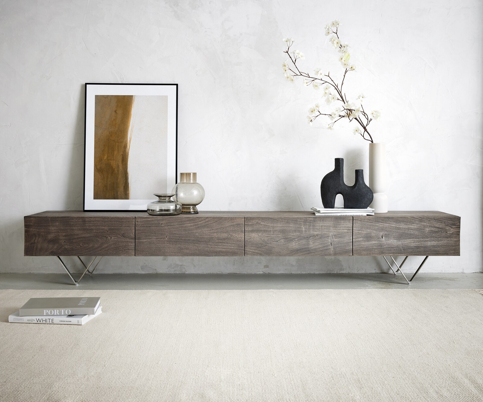 Tv-meubel Wyatt 220 cm acacia platina 4 laden V-poot roestvrij staal 2