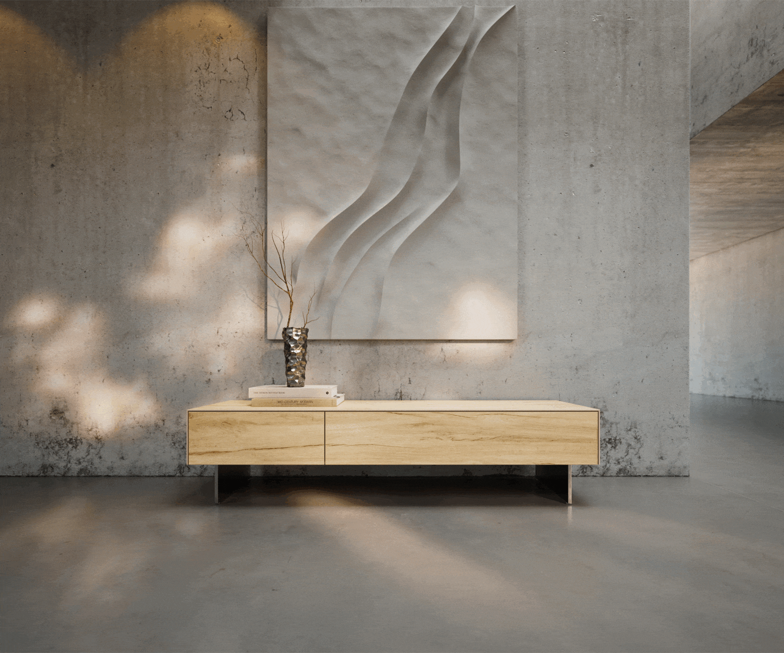 Tv-meubel Cuor 150 cm Keramiek Laminam® Sabbia Eiken gekleurd 1 Flap 1 Lade Zwevende voet look Roestvrij staal 1