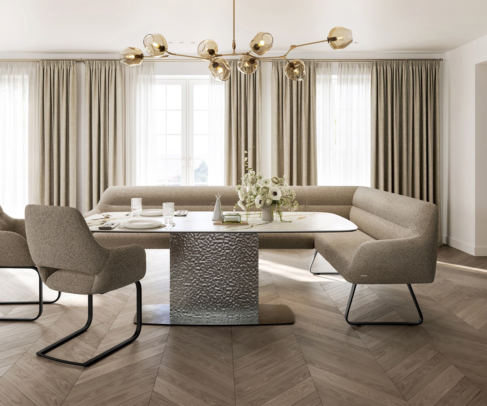 Eetkamerbank Taya-Flex 285x190 cm bouclé mud platte sledebasis zwart pocketvering links 2