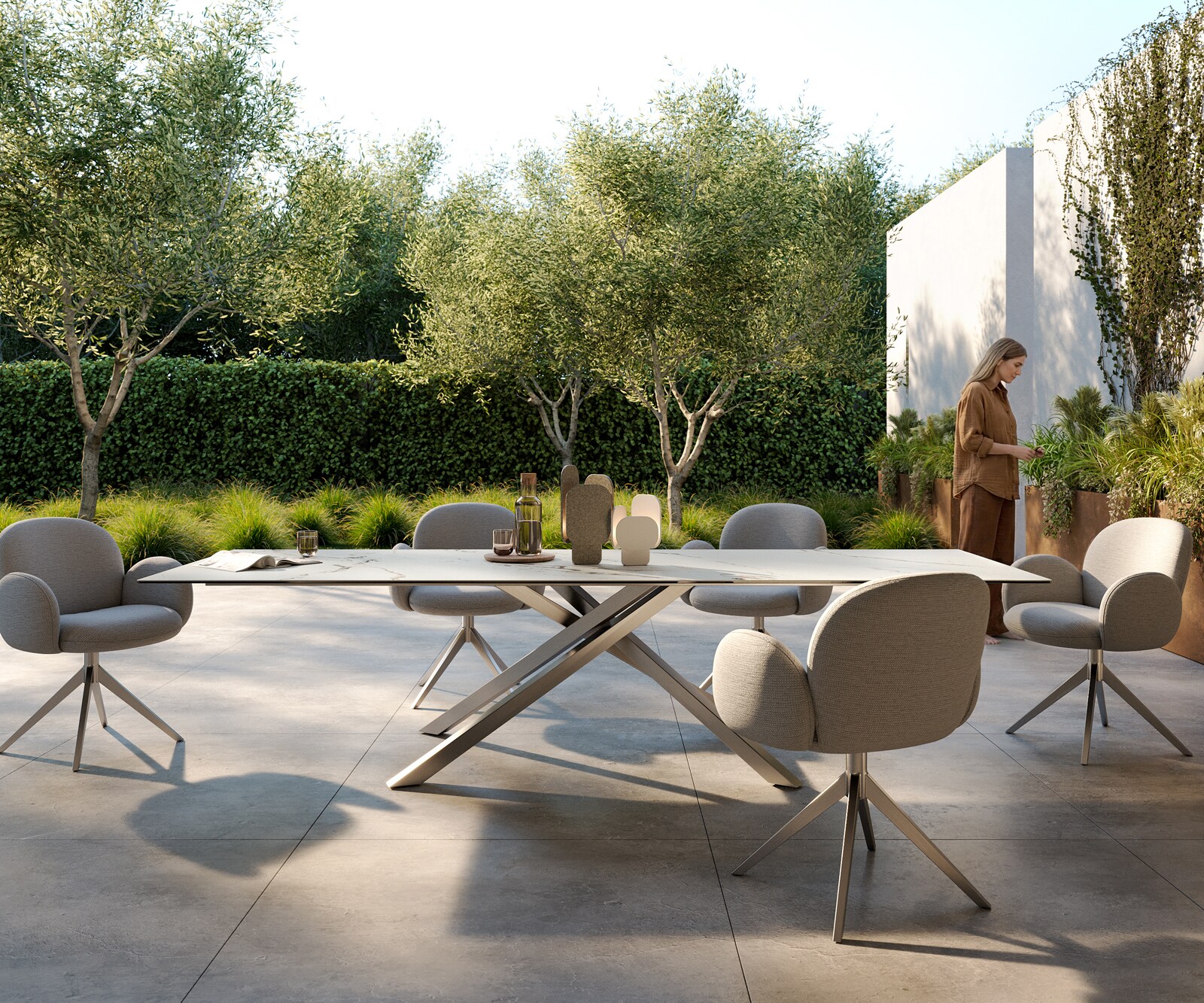 Outdoortafel Edge 300x100 cm keramiek Calacatta Luxe wit-goud-grijs kruispoot rechthoekig roestvrij staal 1