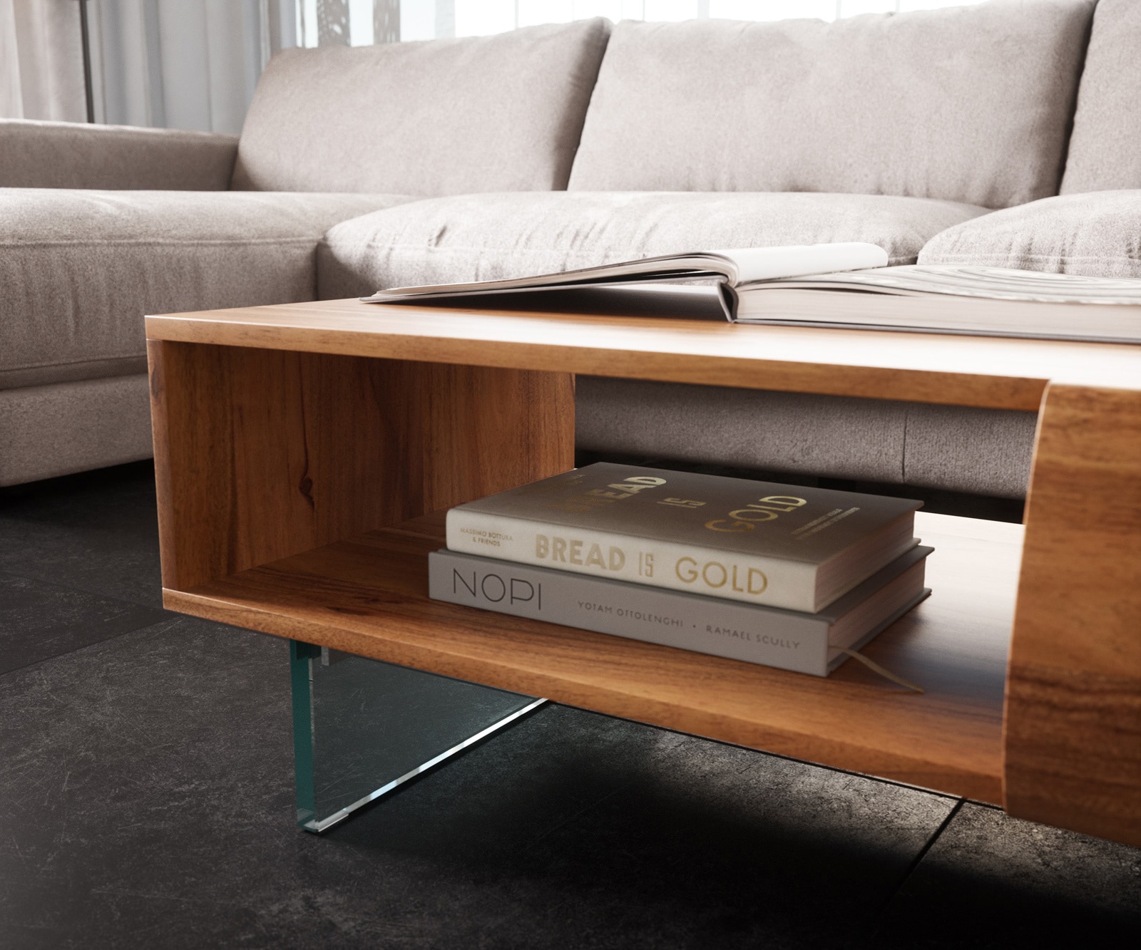 Salontafel New Live-Edge 115x60 cm acacia natuur 2 laden 1 legplank glaspoot zwevend 5