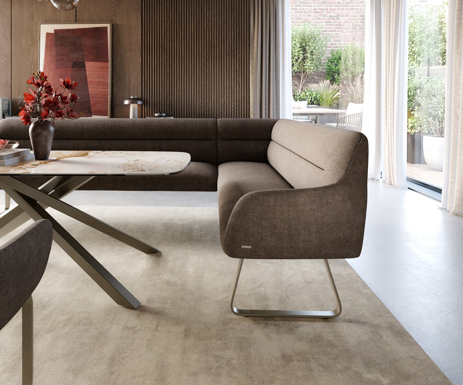 Eetkamerbank Taya-Flex 285x190 cm zachte stof met structuur taupe platte sledebasis afwerking met titaniumeffect pocketvering links 5