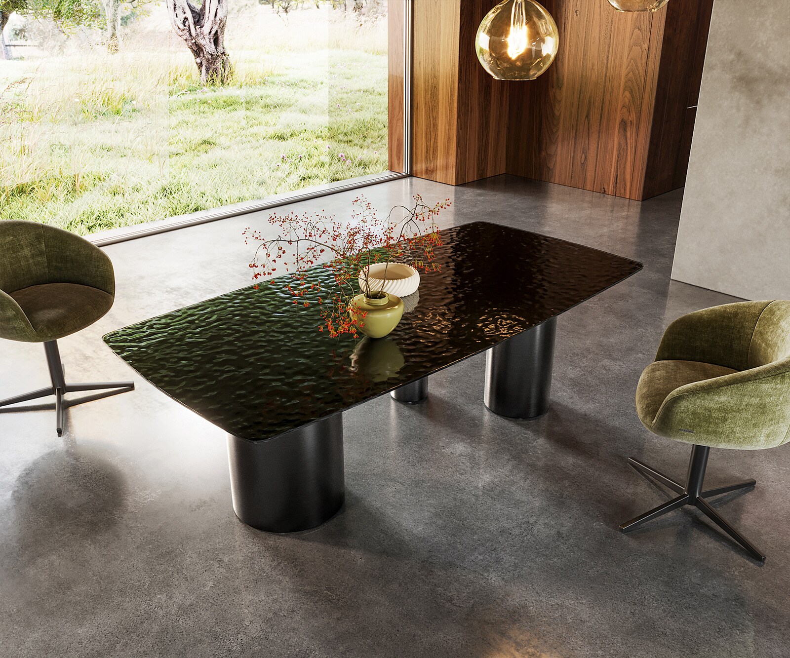 Eettafel Edge Boot 200x100 Reliefglas zwart 3D-Design Troa RVS grafiet