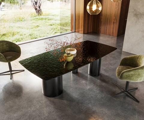 Eettafel Edge Boot 200x100 Reliefglas zwart 3D-Design Troa RVS grafiet