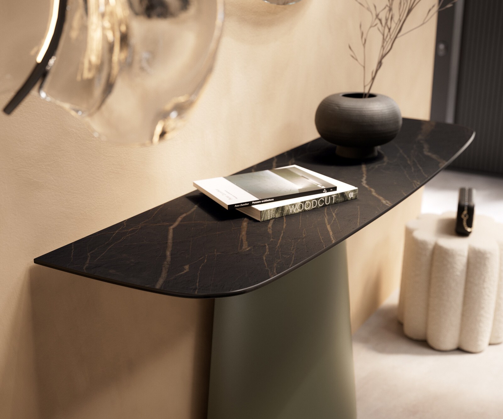 Consoletafel Edge Bootvorm 140x40 cm Keramiek Laminam® Noir Desir Braun Conos Metaal Effektfinish Titan 6