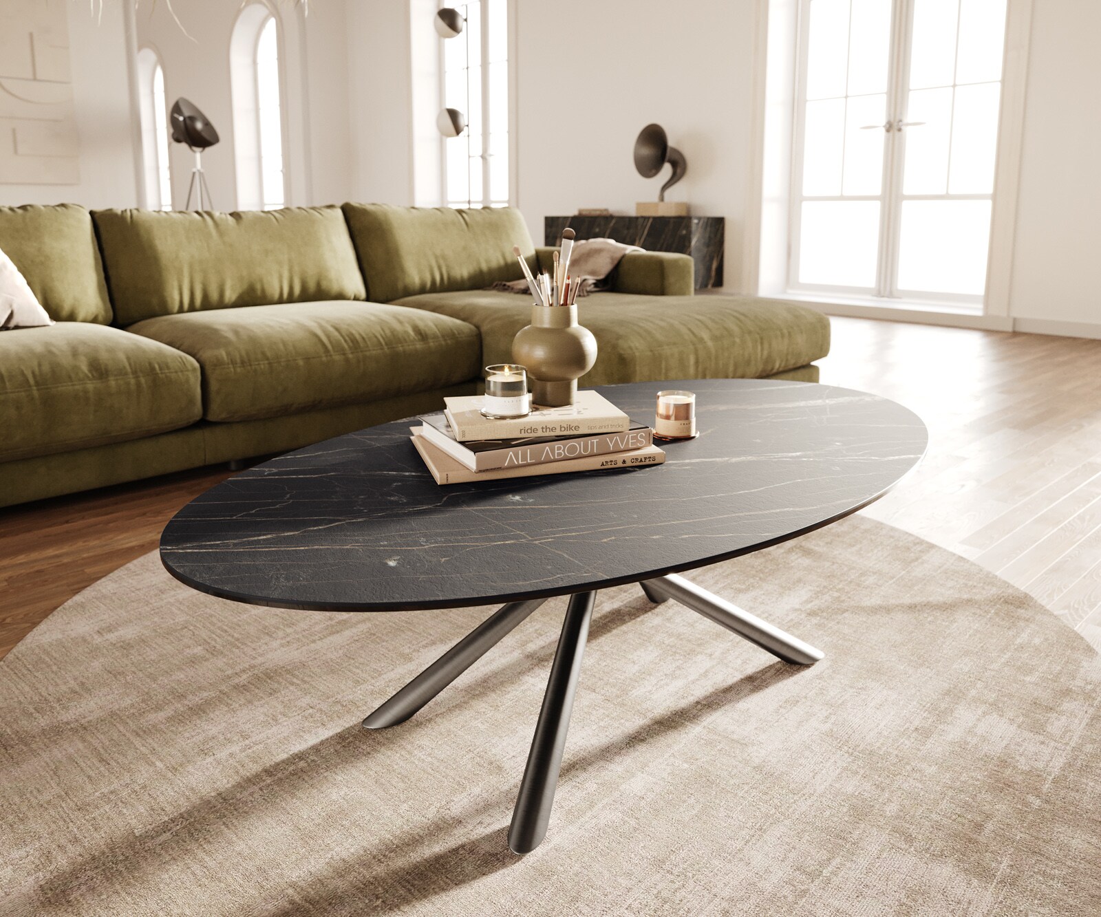Salontafel Edge Oval 140x80 cm keramiek Laminam® Noir Desir bruin Sarity geborsteld roestvrij staal