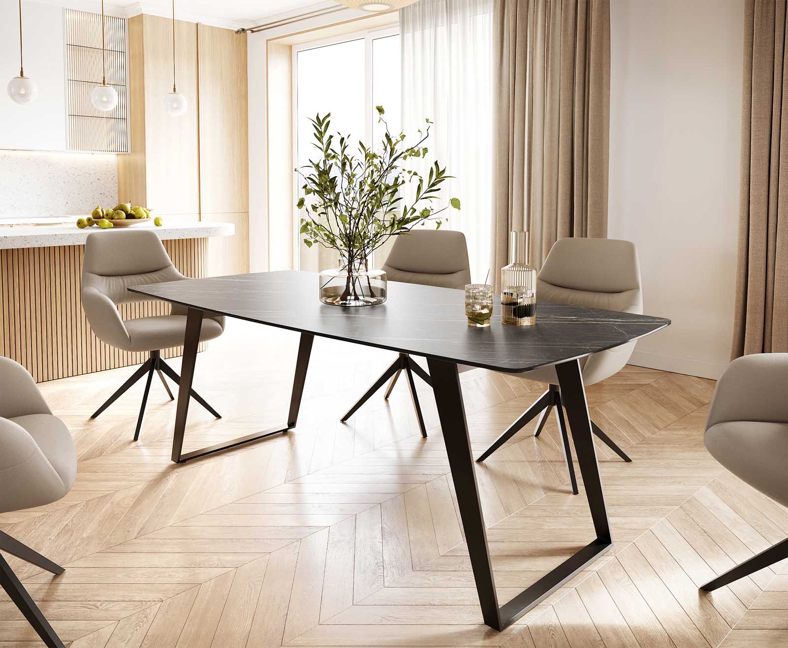 Eettafel Edge Bootsform 200x100 keramiek Laminam® Noir Desir bruin metaal schuin zwart