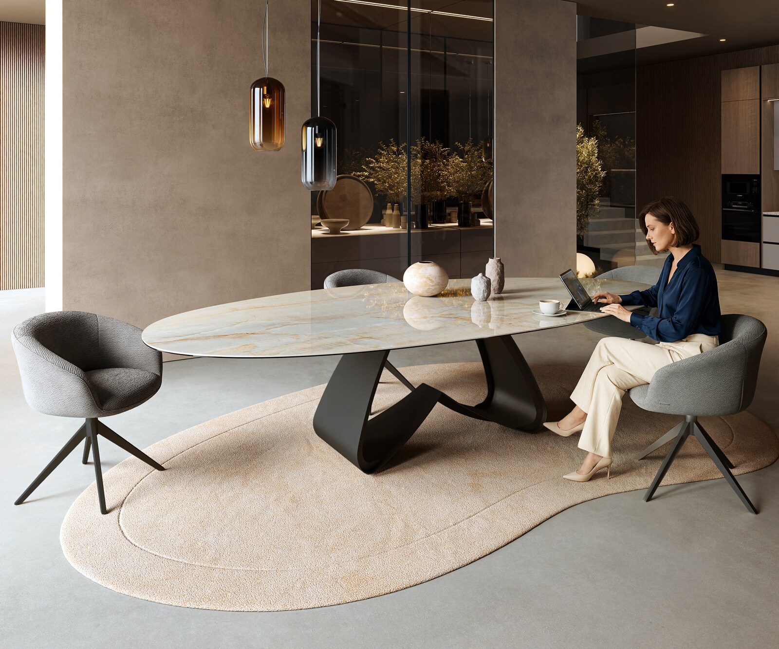 Eetkamertafel Edge Oval 315x150 cm Keramiek Iris FMG Onice Oro W-onderstel Metaal Zwart 7