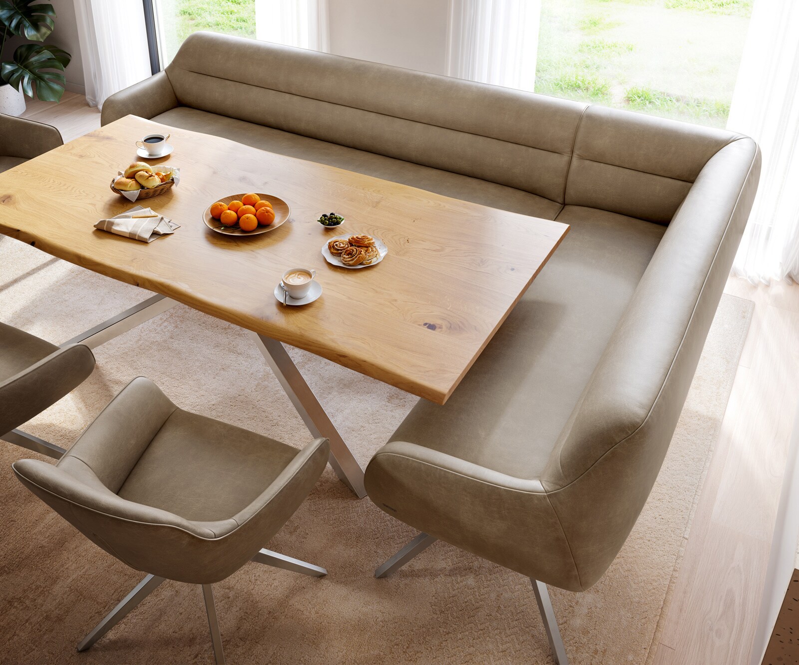 Eetkamerbank Taya-Flex 285x190 cm microvelours beige vintage hoekig kruisframe roestvrij staal pocketvering rechts 4