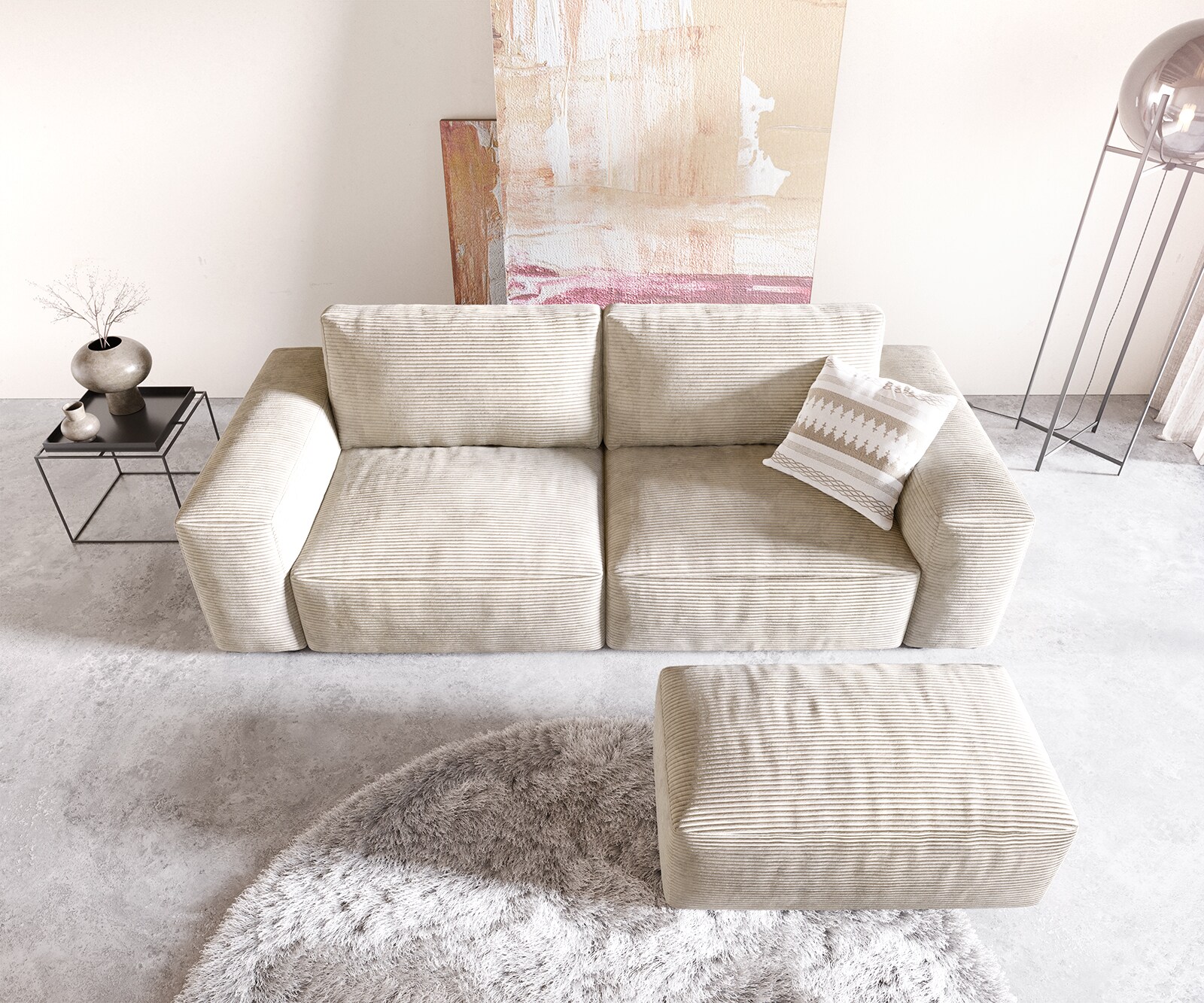 Big-sofa Lanzo 230x95 cm ribcord beige met hocker 3