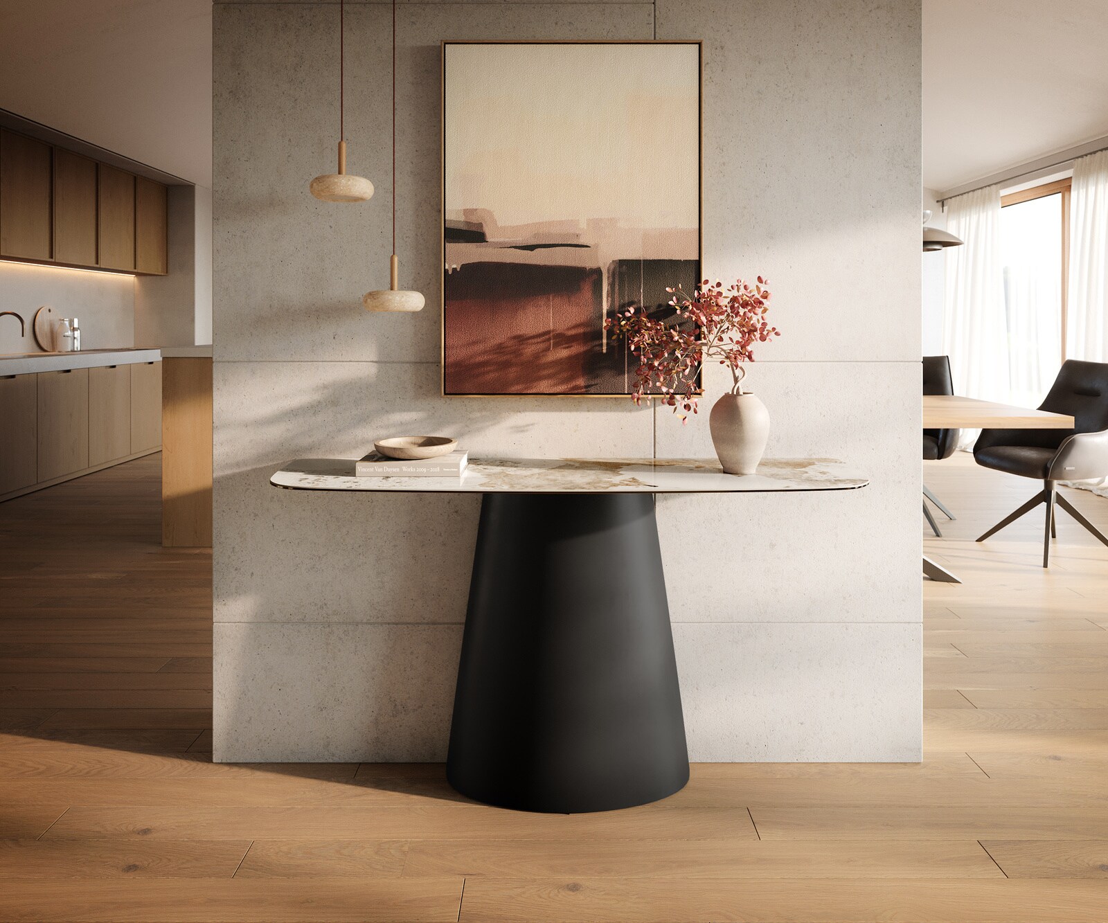 Consoletafel Edge Bootvorm 140x40 cm Keramiek Minas Melange Weiß-Beige Conos Metaal Zwart 4