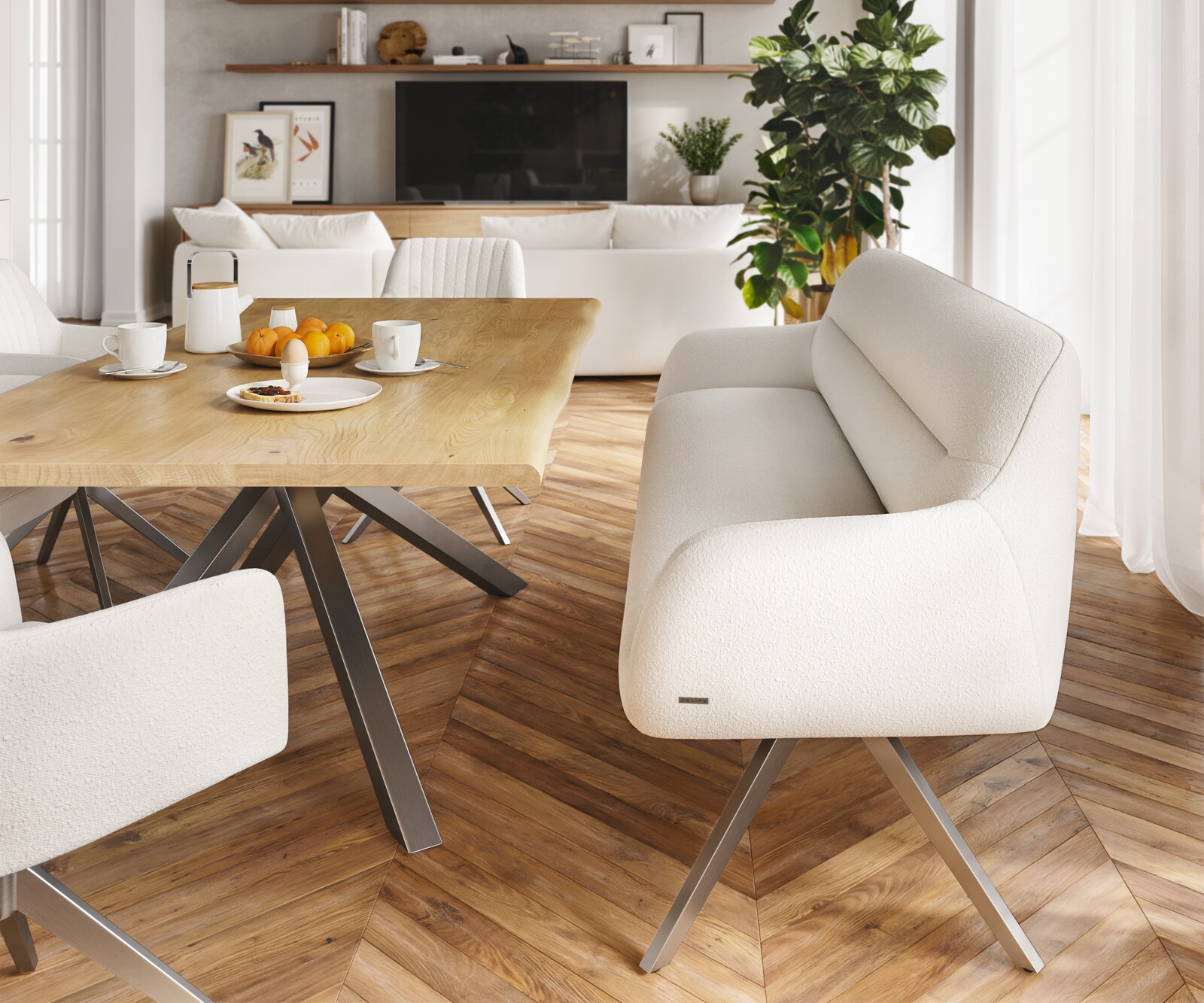 Eetkamerbank Taya-Flex 200 cm bouclé crème-wit hoekig kruisframe grafiet pocketvering 1