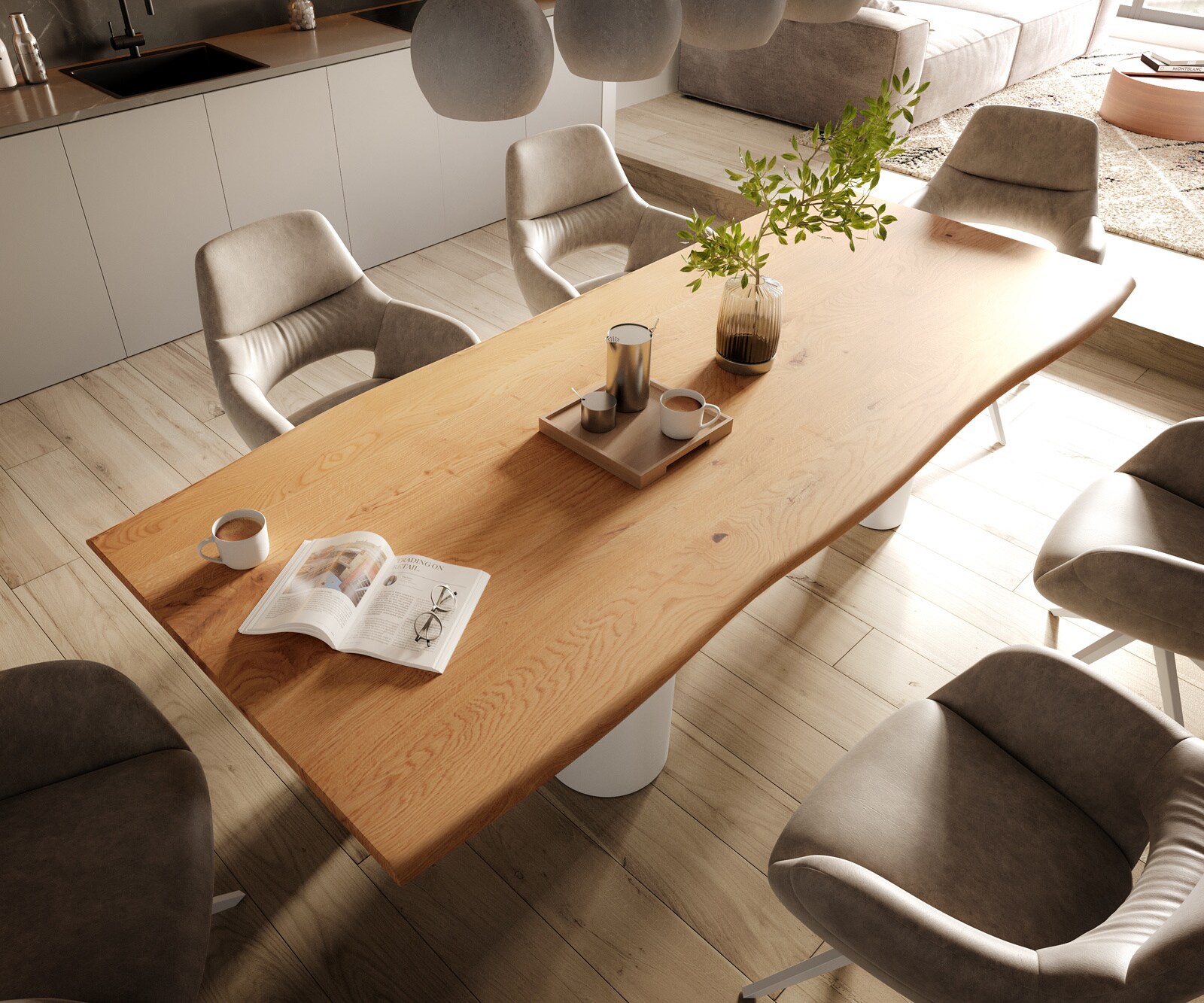 Eetkamertafel Edge 260x100x2,5-3 eiken natuur Pilier metaal wit Live-Edge 4