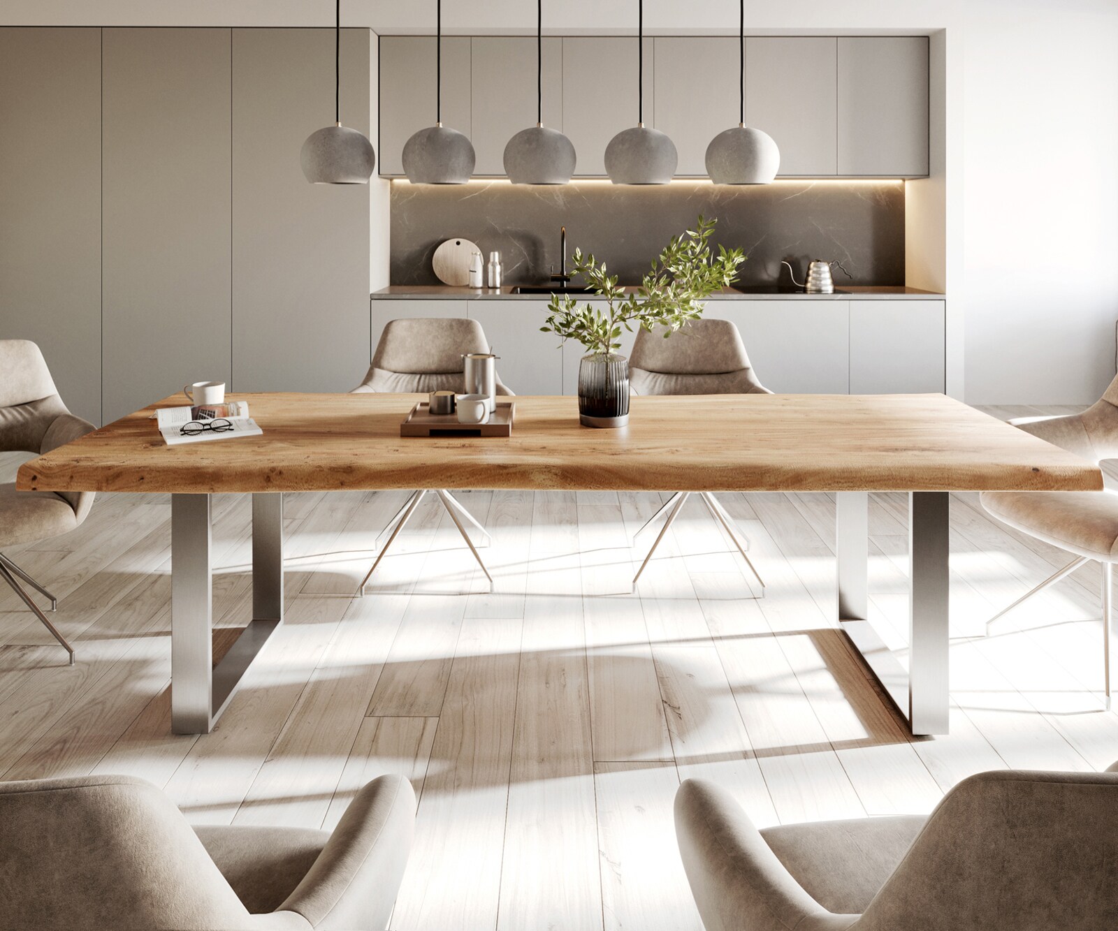 Eettafel Edge 280x100cm XL acacia natuur roestvrijstaal smal Live-Edge 1