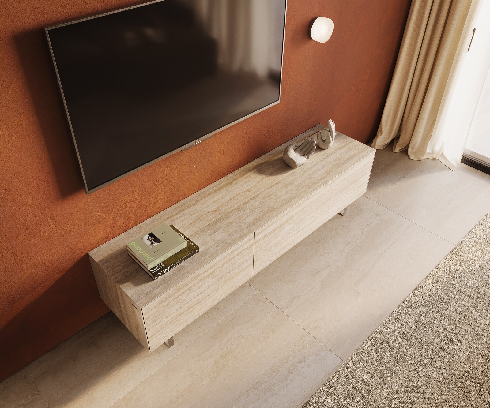 Tv-meubel Cuor 180 cm Keramiek Laminam® Travertino Bianco Crème-wit 1 Flap 2 Laden Zwevende voet look Acrylglas 4