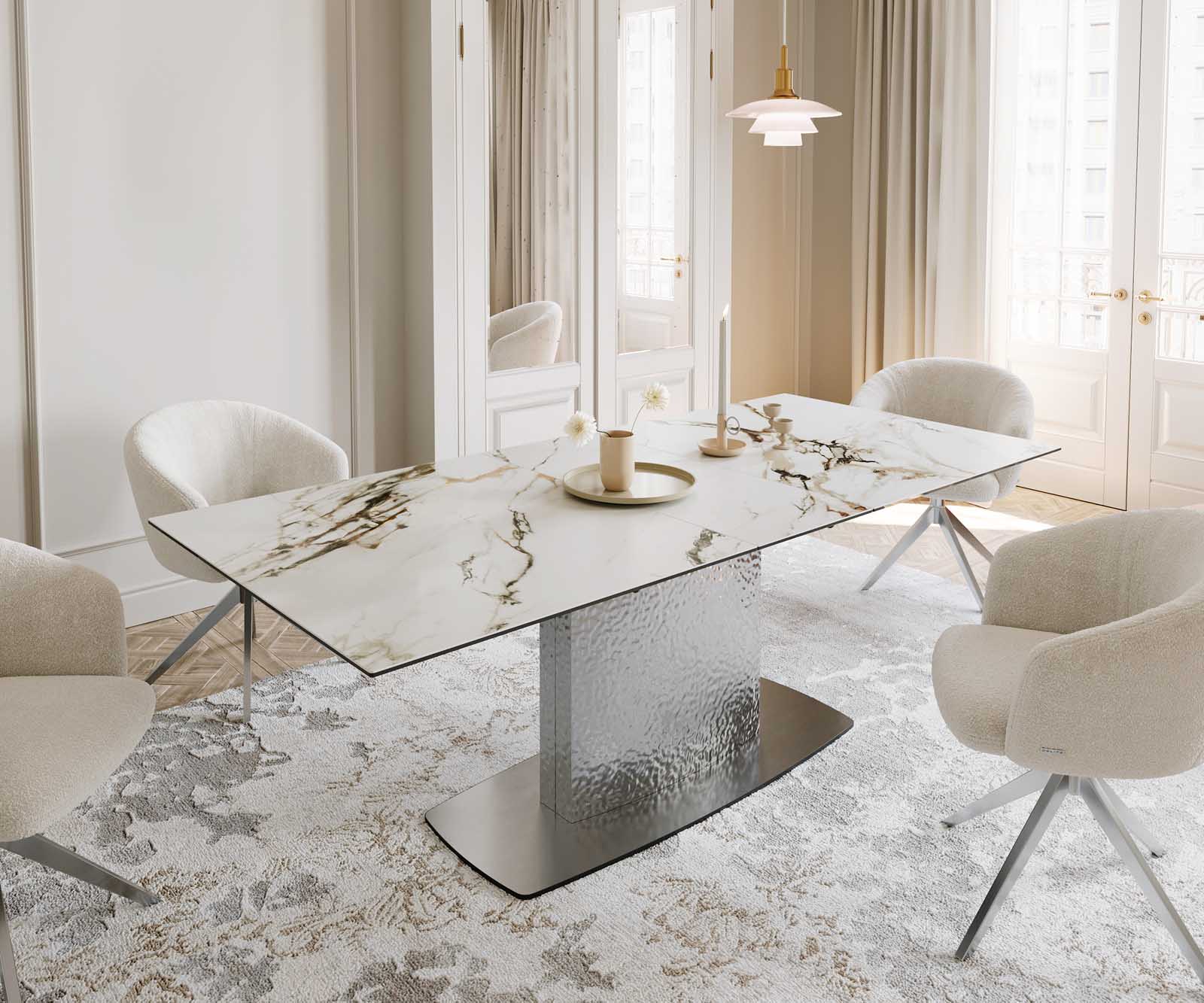 Eetkamertafel Edge 180-220x100 keramiek Calacatta Luxe wit-goud-grijs Wave RVS uitschuifbaar Eetkamertafel Edge 180-220x100 keramiek Calacatta Luxe wit-goud-grijs Wave RVS uitschuifbaar