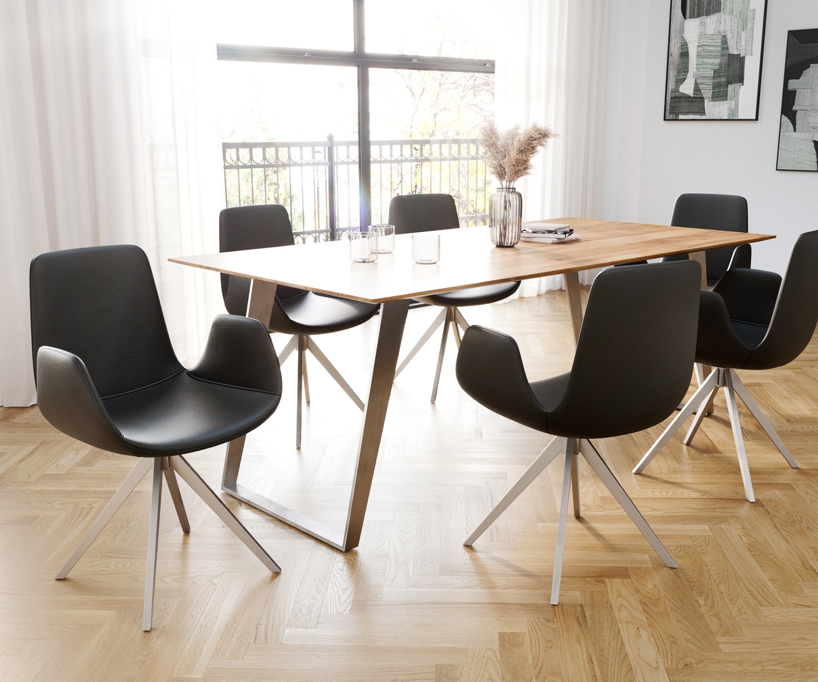 Eetkamerstoel Ilia-Flex met armleuning echt leer zwart kruisframe hoekig roestvrij staal 3 Eetkamerstoel Ilia-Flex met armleuning echt leer zwart kruisframe hoekig roestvrij staal 3