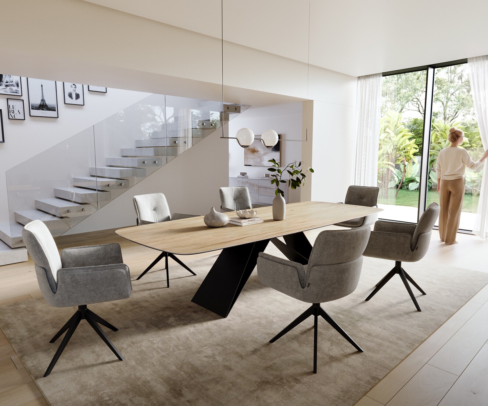 Eettafel Edge Boot 300x120 cm Keramiek Laminam® Sabbia Eichefarbig V-onderstel Flachstahl Zwart 6