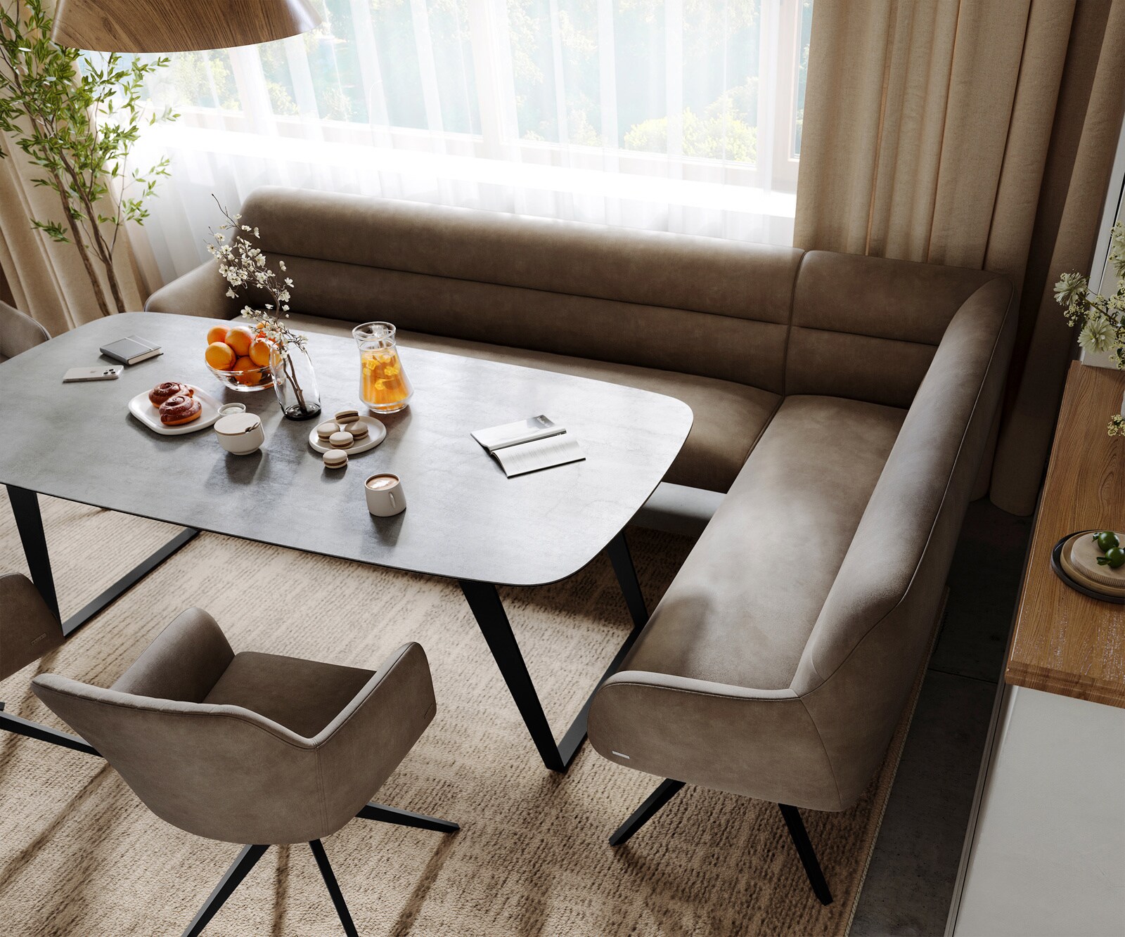 Eetkamerbank Taya-Flex 285x190 cm microvelours taupe vintage hoekig kruisframe zwart pocketvering links 4
