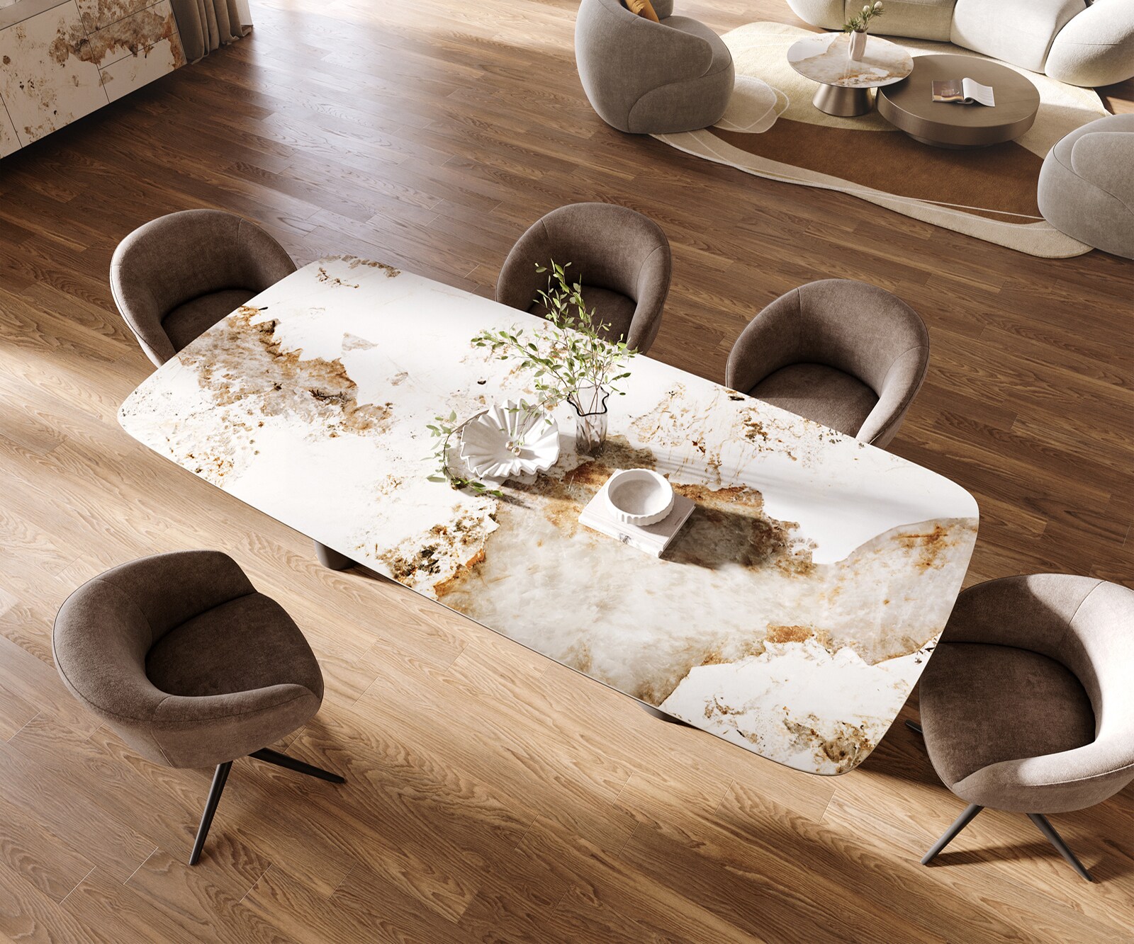 Eettafel Edge Boot 260x120 cm Keramiek Minas Melange Wit-Beige Pilier Metaal Zwart 4