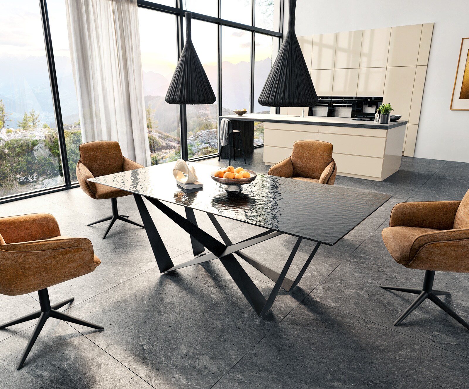 Eetkamertafel Edge 200x100 Glas smelten rokerig zwart 3D-Relief spider vlak staal zwart 5