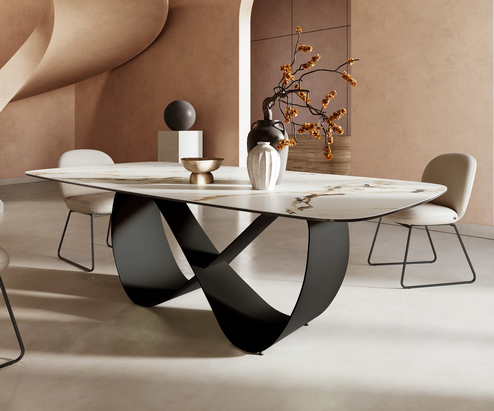 Eettafel Edge Boot 240x120cm keramiek Calacatta Luxe wit-goud-grijs Infinity metaal zwart 5