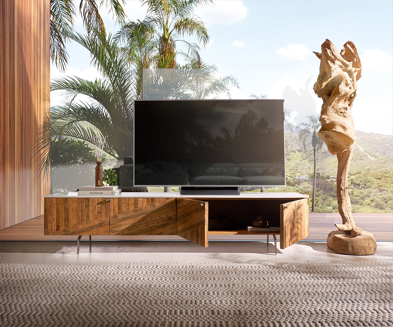 Tv-meubel Bahan 200 cm Mango Teak 4 deuren Marmeren blad wit hoekonderstel roestvrij staal 3