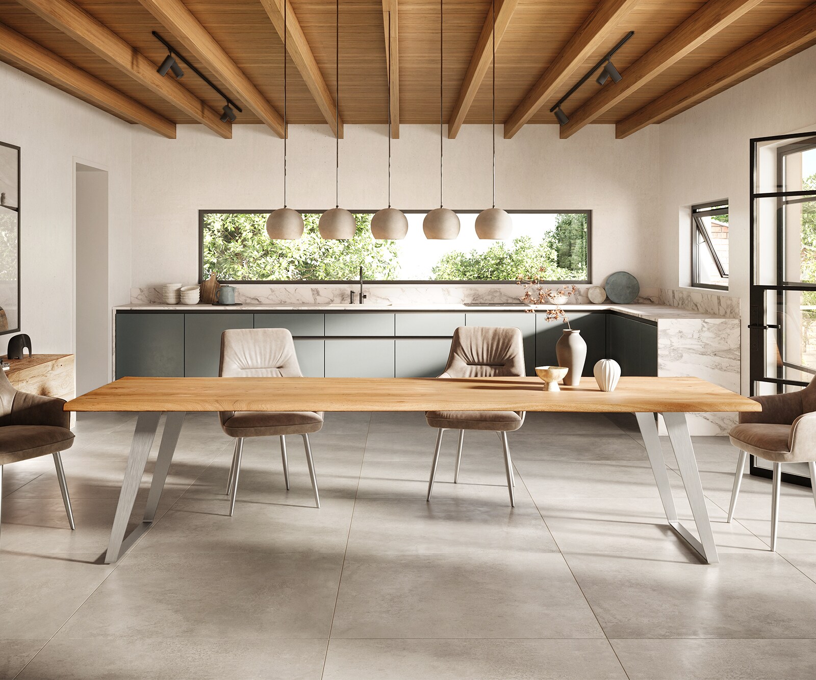 Eettafel Edge 300x100cm acacia natuur roestvrijstaal zilver schuin Live-Edge 1