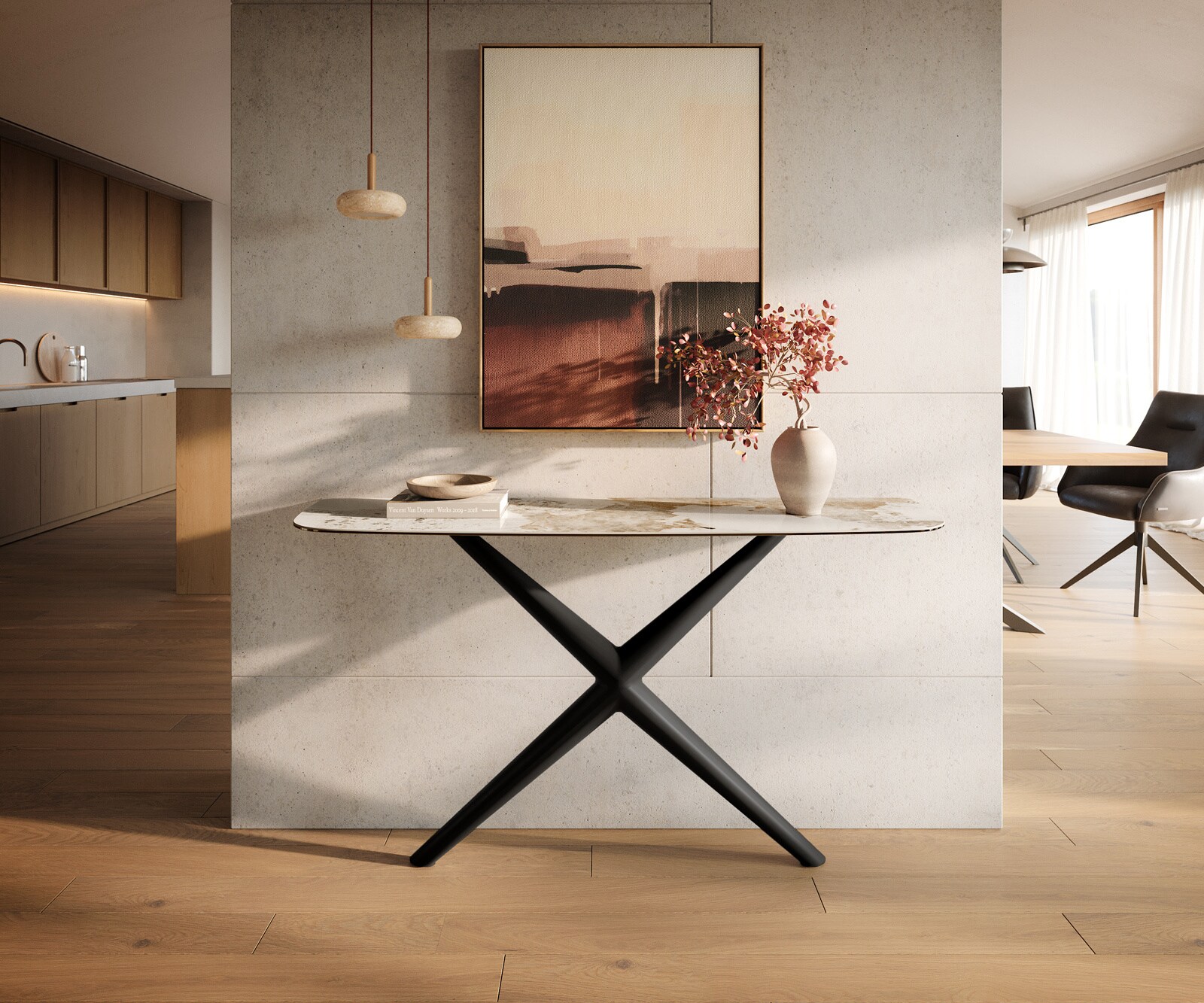 Consoletafel Edge Bootvorm 140x40 cm Keramiek Minas Melange Weiß-Beige Estelo Metaal Zwart 4