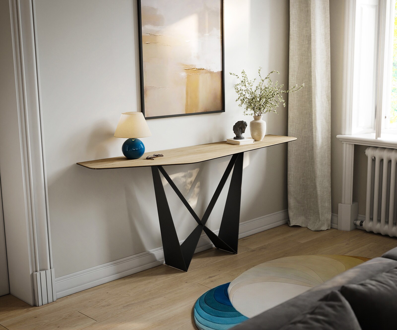 Consoletafel Edge Polygonaal 180x50 cm Keramiek Laminam® Sabbia Eichefarbig Spios Metaal Zwart 1