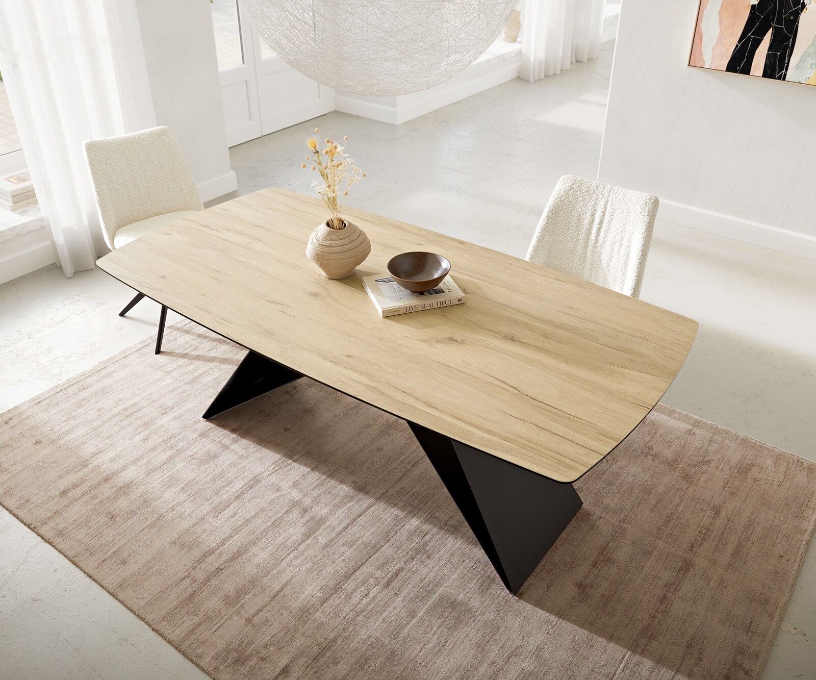 Eetkamertafel Edge Boot 200x100 keramiek Laminam® Sabbia eiken kleur V-frame vlak staal zwart 3