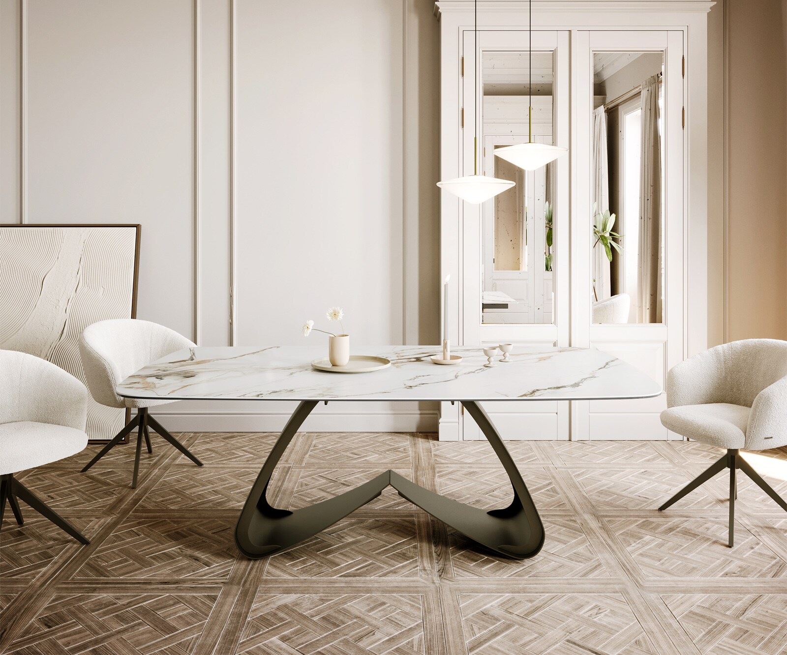 Eettafel Edge Boot 200x100 keramiek  Calacatta Luxe wit-goud-grijs W-frame metaal effectafwerking Titan 2