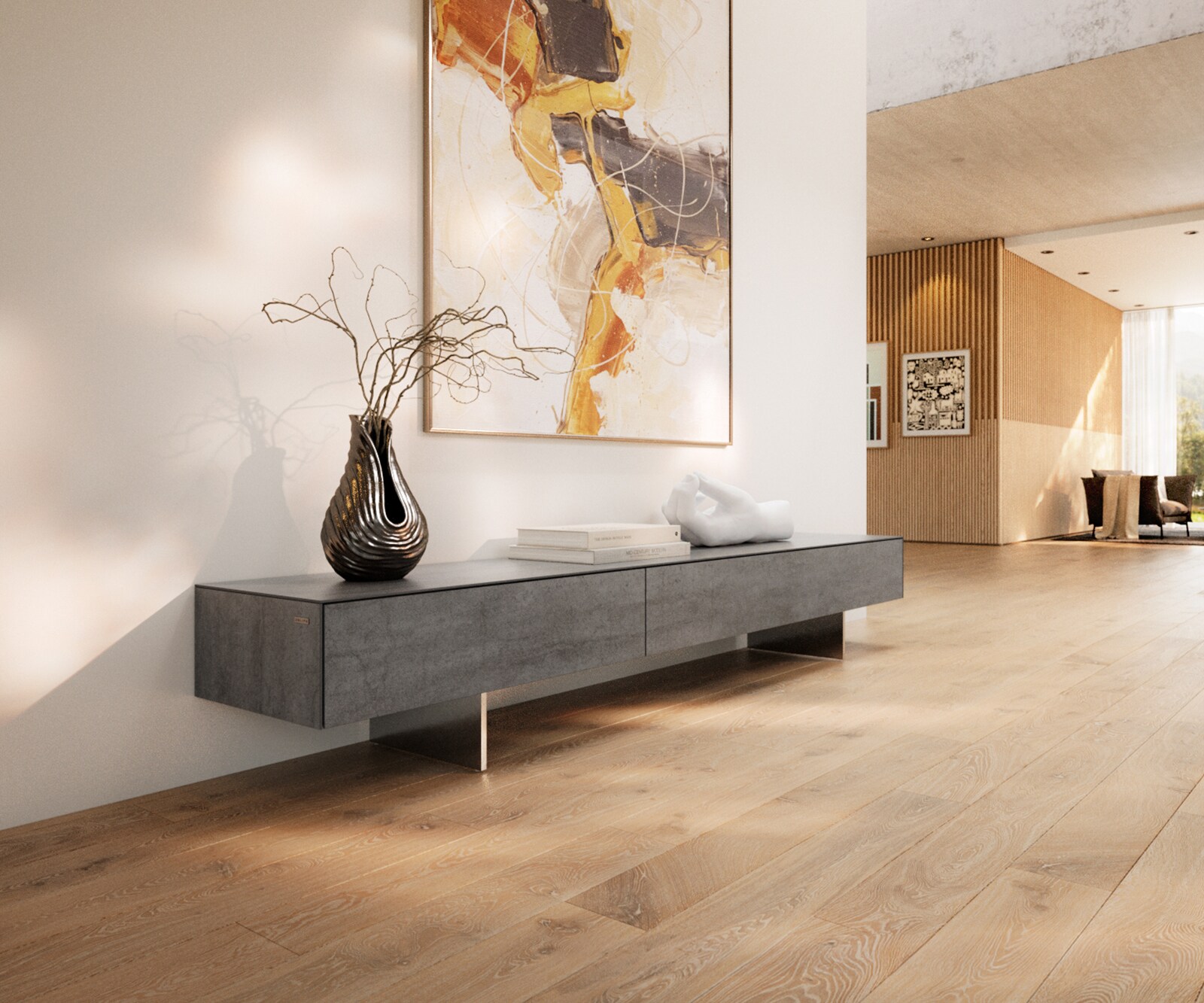 Tv-meubel Cuor 200 cm Keramiek Beton Grijs 1 Flap 1 Laden Zwevende voet look Roestvrij staal