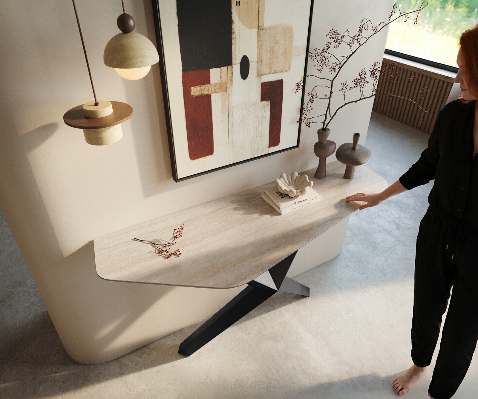 Consoletafel Edge Polygonaal 140x50 cm Keramiek Laminam® Travertino Bianco Creme-Weiß Zentharo Metaal Zwart 2