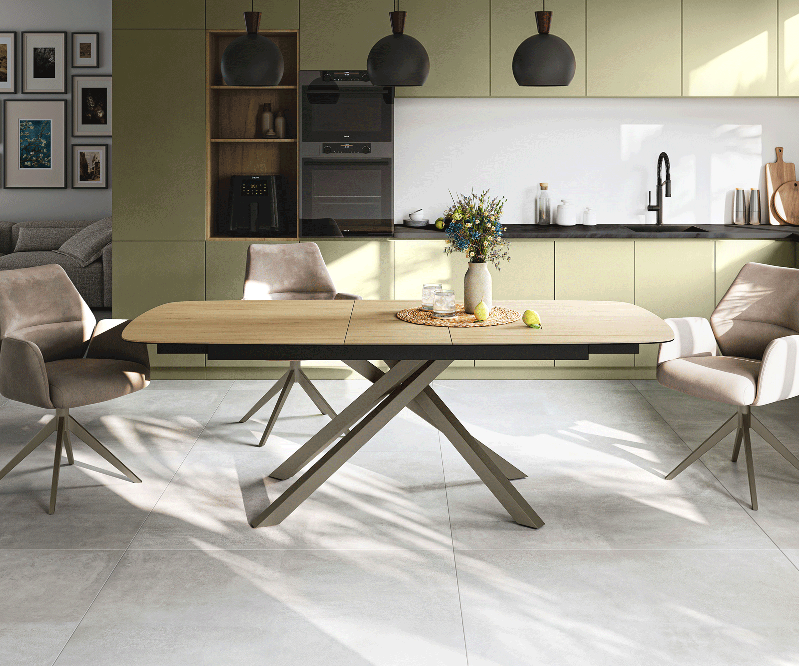 Eettafel Edge Boot 180-220x100 cm Keramiek Laminam® Sabbia Eichefarbig kruisonderstel Rechthoek Effectafwerking Titan uitschuifbaar 2